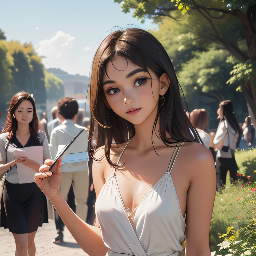 (Extremely detailed 8k wallpaper:2), (photo:2), (soigne Beautiful girl:2), (gives a lecture to friends:2), detailed (Face and eyes), (hyper realistic:1), (highly detailed:1), (epic realistic:1), rim light, (maximum details:1), cozy, (fullbody:1.3), (looking at viewer:2.0), (Woman's Attractive Qualities:2), (Attractive Woman:2), (Attractive:2), Smile, Intelligence, Empathy, Gracefulness, Sense of Style, Fitness, Grooming, Optimism, (Sensitivity:2), Sincerity, Romantic Gestures, Playfulness, Fashion Sense, (Sensuality:2), Charm, Modesty, Thoughtfulness, (Femininity:1), Flirtatiousness, Warmth, (Physical attractiveness:2), A beautiful smile, A love of life, strength and power, vulnerability, curiosity, wonder, love, (nature background:2), kawaii, waifu, Beautiful breasts, (attractive body:2), (Beautiful body:2), Beautiful pose, attractive pose, (Beautiful legs:1.0), (spread legs:1.0), (Beautiful clothes:1), (classic clothes:2), (elegant clothes:2), (European clothes:2), detailed clothes, (skirt:1), (blouse:1), (provocative pose)