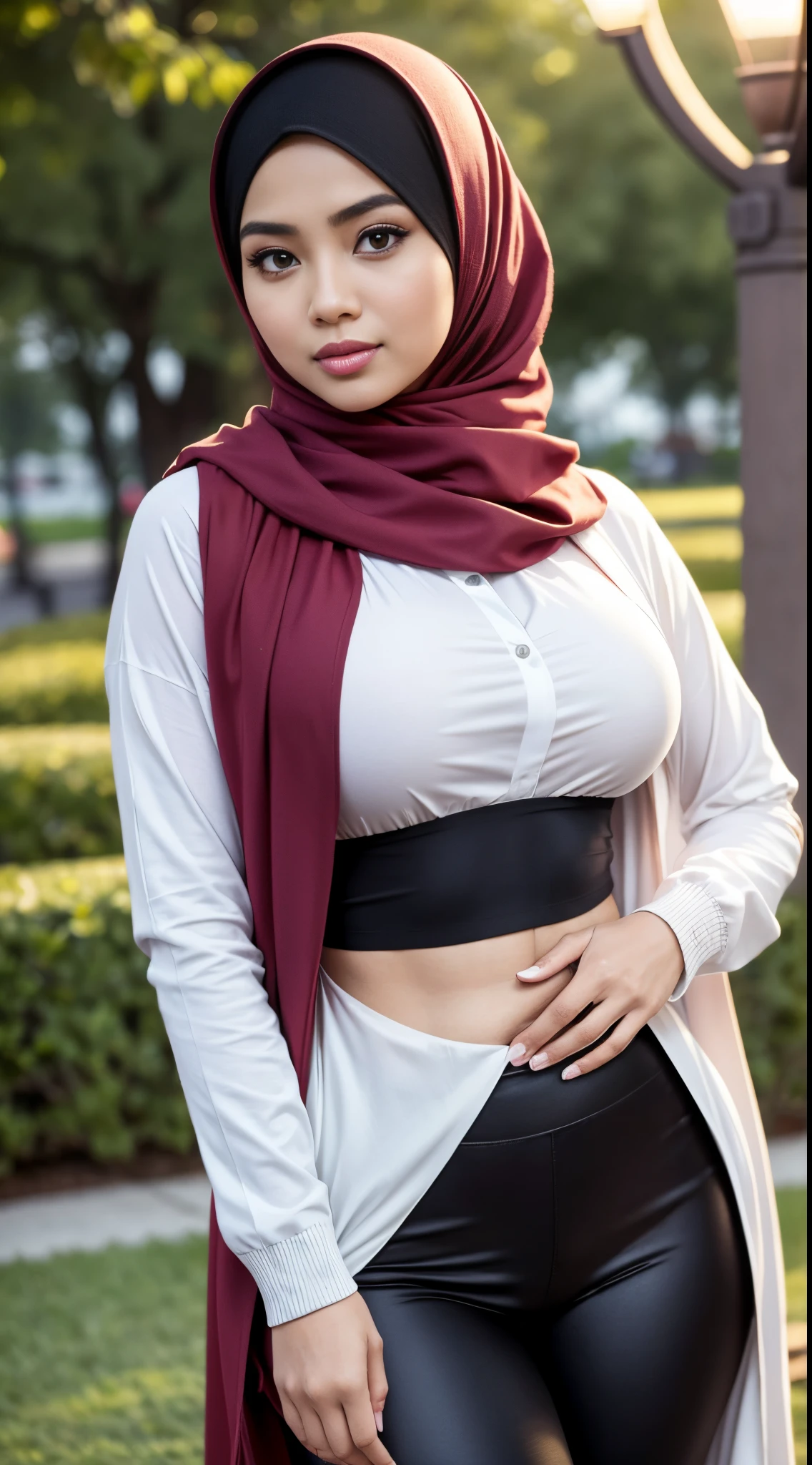 RAW, Best quality, high resolution, masterpiece: 1.3), beautiful Malay woman in hijab (iu:0.8)1beautiful  Malay womanRAW, Best quality, high resolution, masterpiece: 1.3), beautiful Malay woman in hijab (iu:0.8),1beautiful Malay woman,wearing a white shirt, wearing Long cardigan with front closed,black leggings,Tight pants,big breasts, morning walk, City park, Good lighting, Bright colors, Clean lines