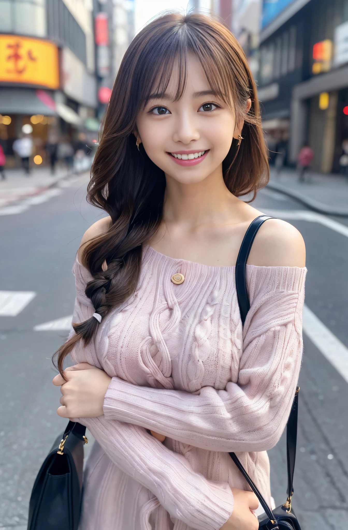 (Colossal tits、Pink knitwear、Shoulder bag)、(top-quality,masterpiece:1.3,超A high resolution,),(ultra-detailliert,Caustics),(Photorealsitic:1.4,RAW shooting,)Ultra-realistic capture,A highly detailed,high-definition16Kfor human skin、 Skin texture is natural、、The skin looks healthy with an even tone、 Use natural light and color,Woman in her 30s,japanes,,kawaii,((A big smile:1.5)), ((Random and cute facial expressions:1.5)), ((Random and cute hairstyles)),(depth of fields:1.3、chromatic abberation、、Wide range of lighting、Natural Shading、)、(Hair swaying in the wind:1.2)、(Bewitching smile:1.2),(appointment:1.2)、 Streets of Tokyo