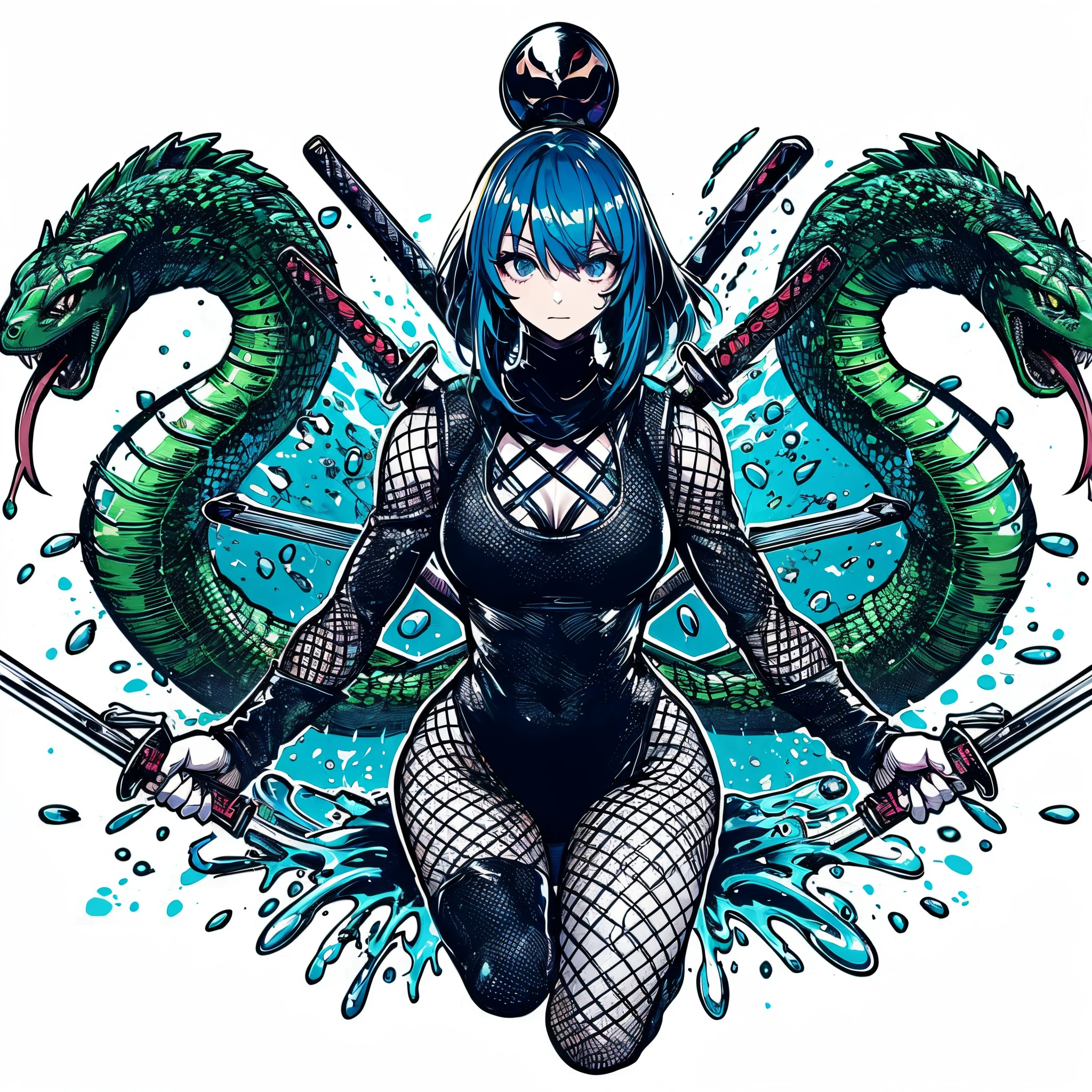 ninja girl. She is a reptilian element. Two serpents jump from her back.waltz pose.fishnet tights. A sharp accessory on the head. Aqua splash. Blue hair.