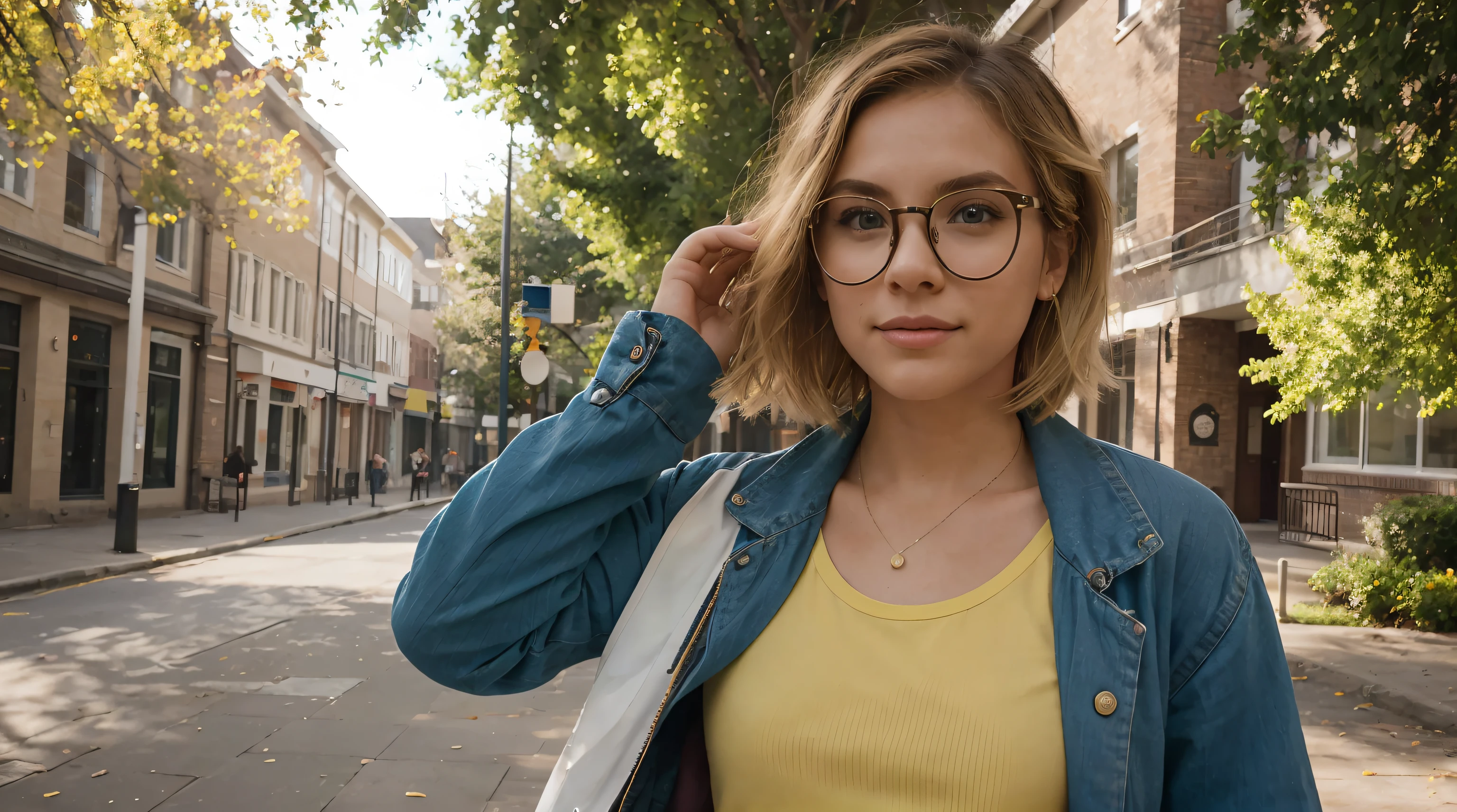 In the soft glow of a sunlit afternoon on the university campus, a confident and vibrant model with short, blonde hair adorned in the colors of the LGBTQI+ spectrum exudes individuality and pride. With fair skin and a pair of stylish glasses, she adds an intellectual touch to her expressive and colorful ensemble. Dressed in a fashion-forward outfit, the model showcases her unique style. The sunlight bathes the campus in warmth, casting a gentle play of light and shadows on the surroundings. The camera adeptly captures the nuanced details of her appearance, highlighting the textures of her clothing and the natural elements of the environment. Her short, blonde hair is a canvas for a playful display of LGBTQI+ colors, creating a dynamic and eye-catching effect. The colors are carefully woven into the hair, symbolizing inclusivity and diversity. The glasses add a touch of sophistication, complementing the overall look. Facial features are carefully portrayed, capturing the essence of a confident and expressive demeanor. The glasses enhance the model's intellectual appeal, while her engaging gaze adds depth and personality to the scene. The camera angles offer various perspectives, capturing the model in motion as she navigates through the campus scenery. The vibrant colors in her hair stand out against the greenery, creating a visually stunning and celebratory display of individuality and pride. This detailed image prompt aims to celebrate the radiant diversity and unique style of a model with short, blonde hair adorned in LGBTQI+ colors, wearing glasses and confidently embracing her identity on the university campus.