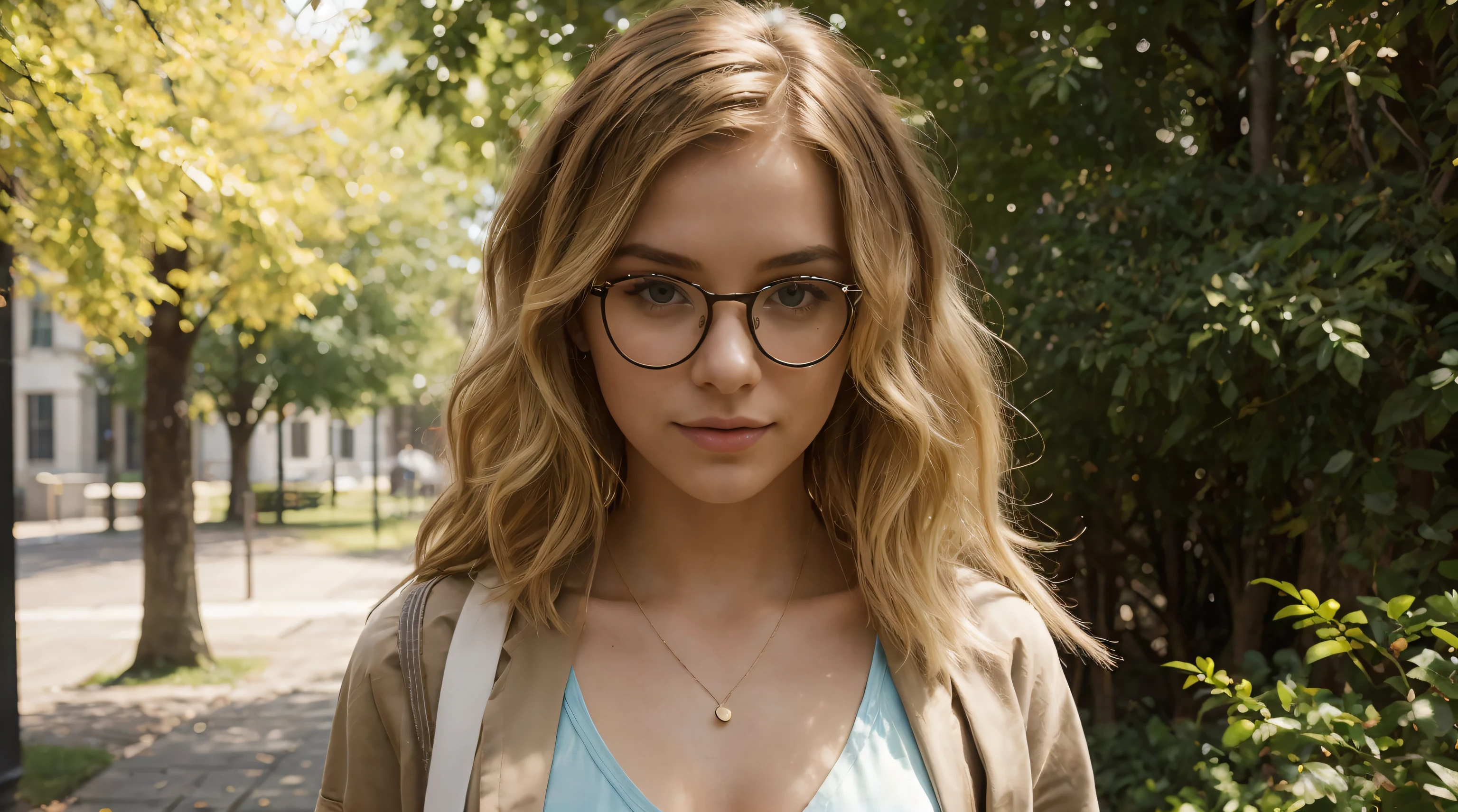 In the soft glow of a sunlit afternoon on the university campus, a confident and vibrant model with short, blonde hair adorned in the colors of the LGBTQI+ spectrum exudes individuality and pride. With fair skin and a pair of stylish glasses, she adds an intellectual touch to her expressive and colorful ensemble. Dressed in a fashion-forward outfit, the model showcases her unique style. The sunlight bathes the campus in warmth, casting a gentle play of light and shadows on the surroundings. The camera adeptly captures the nuanced details of her appearance, highlighting the textures of her clothing and the natural elements of the environment. Her short, blonde hair is a canvas for a playful display of LGBTQI+ colors, creating a dynamic and eye-catching effect. The colors are carefully woven into the hair, symbolizing inclusivity and diversity. The glasses add a touch of sophistication, complementing the overall look. Facial features are carefully portrayed, capturing the essence of a confident and expressive demeanor. The glasses enhance the model's intellectual appeal, while her engaging gaze adds depth and personality to the scene. The camera angles offer various perspectives, capturing the model in motion as she navigates through the campus scenery. The vibrant colors in her hair stand out against the greenery, creating a visually stunning and celebratory display of individuality and pride. This detailed image prompt aims to celebrate the radiant diversity and unique style of a model with short, blonde hair adorned in LGBTQI+ colors, wearing glasses and confidently embracing her identity on the university campus.