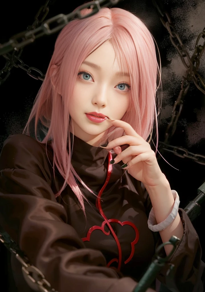 young woman, porcelain skin, short bubblegum pink hair, big red lips, big green eyes, pink eyebrows, smile, perfect teeth, looking at camera, Sakura Haruno, 3d