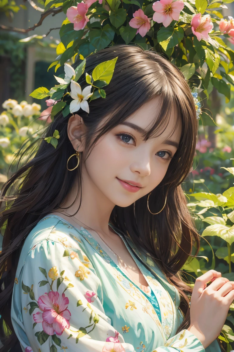 (highres,vibrant colors,photorealistic:1.2),1girl,beautiful detailed eyes,beautiful detailed lips,garden with vibrant flowers,lush greenery,soft sunlight,serene atmosphere,carefully crafted details,variety of colorful blooms,delicate petals,dewdrops on leaves,fluttering butterflies,peaceful ambiance,calming breeze,joyful expression on the girl's face,happiness in her eyes.