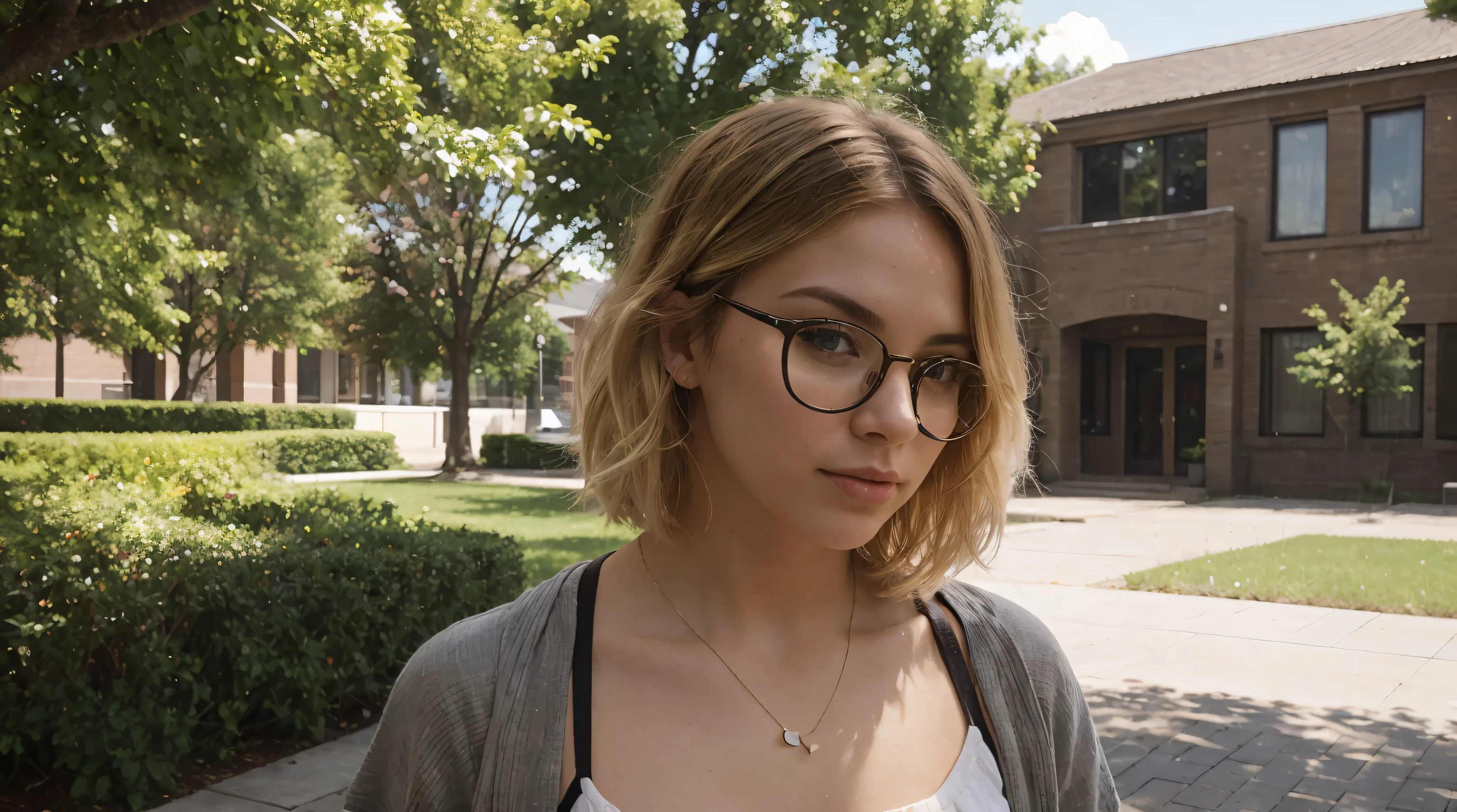 In the soft glow of a sunlit afternoon on the university campus, a confident and vibrant model with short, blonde hair adorned in the colors of the LGBTQI+ spectrum exudes individuality and pride. With fair skin and a pair of stylish glasses, she adds an intellectual touch to her expressive and colorful ensemble. Dressed in a fashion-forward outfit, the model showcases her unique style. The sunlight bathes the campus in warmth, casting a gentle play of light and shadows on the surroundings. The camera adeptly captures the nuanced details of her appearance, highlighting the textures of her clothing and the natural elements of the environment. Her short, blonde hair is a canvas for a playful display of LGBTQI+ colors, creating a dynamic and eye-catching effect. The colors are carefully woven into the hair, symbolizing inclusivity and diversity. The glasses add a touch of sophistication, complementing the overall look. Facial features are carefully portrayed, capturing the essence of a confident and expressive demeanor. The glasses enhance the model's intellectual appeal, while her engaging gaze adds depth and personality to the scene. The camera angles offer various perspectives, capturing the model in motion as she navigates through the campus scenery. The vibrant colors in her hair stand out against the greenery, creating a visually stunning and celebratory display of individuality and pride. This detailed image prompt aims to celebrate the radiant diversity and unique style of a model with short, blonde hair adorned in LGBTQI+ colors, wearing glasses and confidently embracing her identity on the university campus.