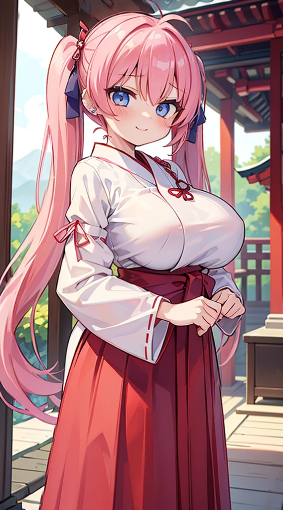 (masterpiece、top-quality、ultra-detailliert)、((1 girl))、((Pink hair twin tails))、light blue eyes、evilsmile、piercings、((very Bigger breasts))、(miko clothes)、(red hakama)、cowboy shot、shrine background