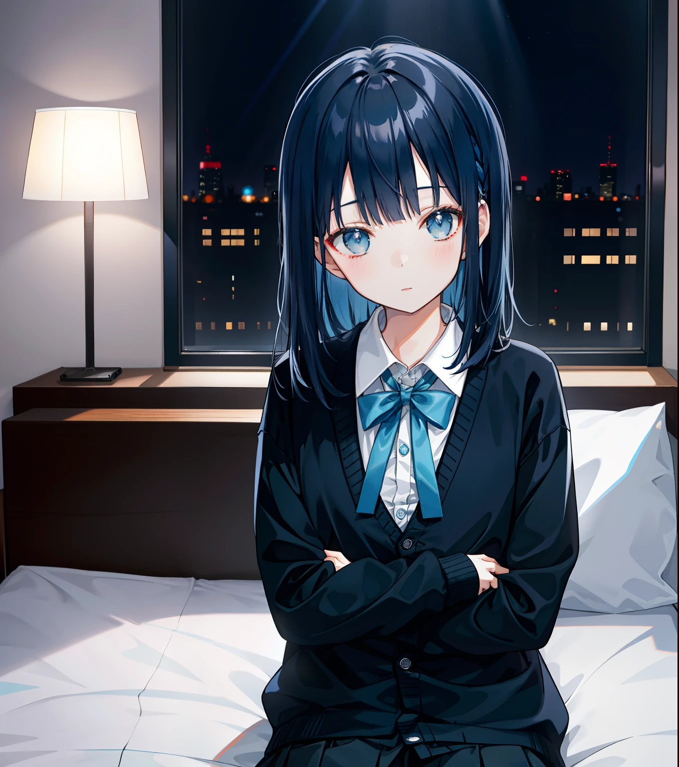 Blunt bangs、1girl in,night bedroom、Dark blue hair、Black tie、light blue cardigan、Black miniskirt、Shining eyes、half up、