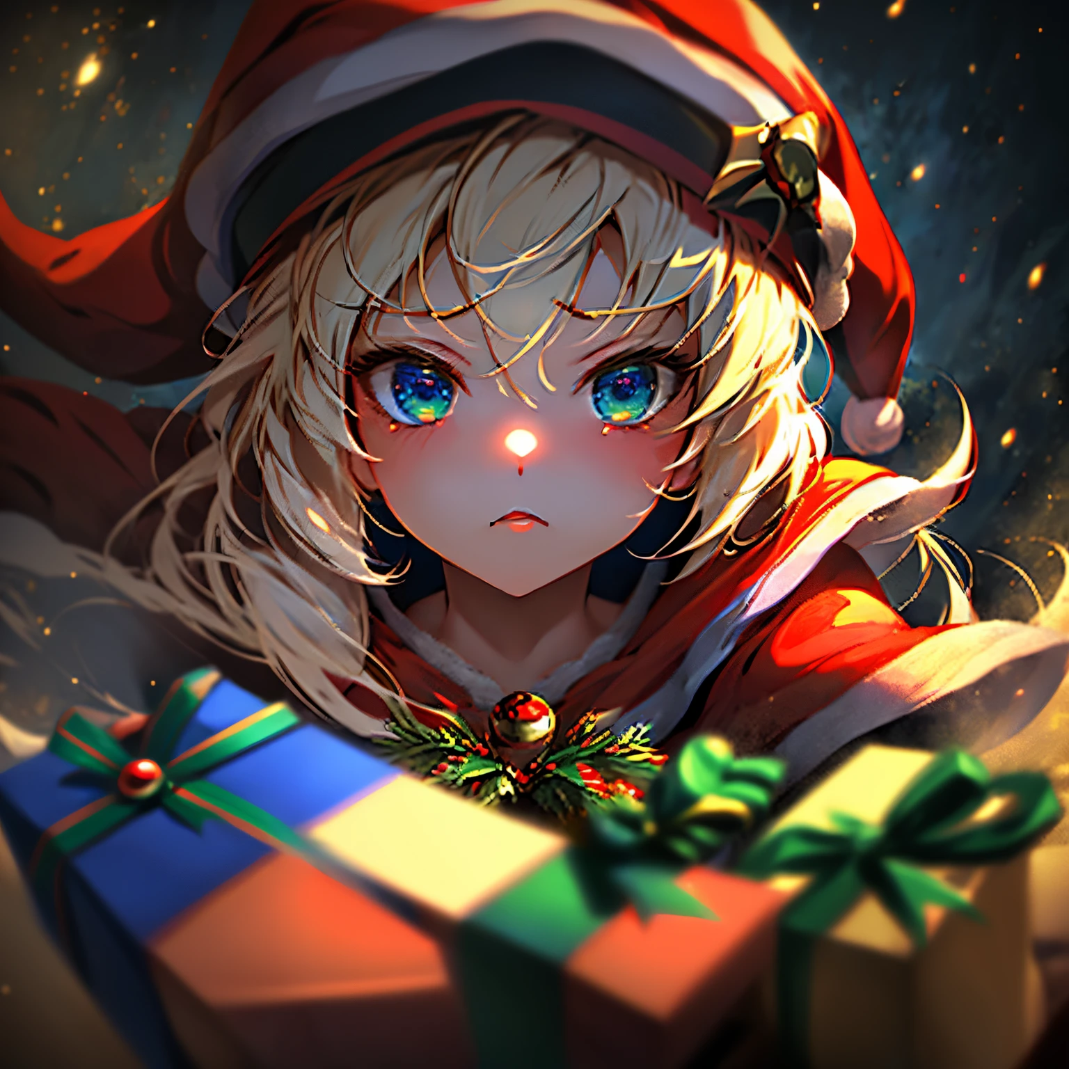mejor calidad，tmasterpiece，ultimate resolution，Suave，extremadamente colorido，De color，dark magician gils，(Dressed in the Santa Claus suit:1.4)，Medias de tirantes negras，Starrysky Android!,More detailed 8K.motor irreal:1.4,UHD,La mejor calidad:1.4, fotorrealista:1.4, textura de la piel:1.4, obra maestra:1.8,obra-prima, mejor calidad,objeto Objeto], (detailed face features:1.3),(cabello rubio largo:1.4),（Beautiful and detailed eye description）,(manos:1.4), ojos azules. Labios rojos. Cabello rubio. Fondo de nieves. Pose sejustiva y sensual. Toma cuerpo completo. Fondo de Navidad