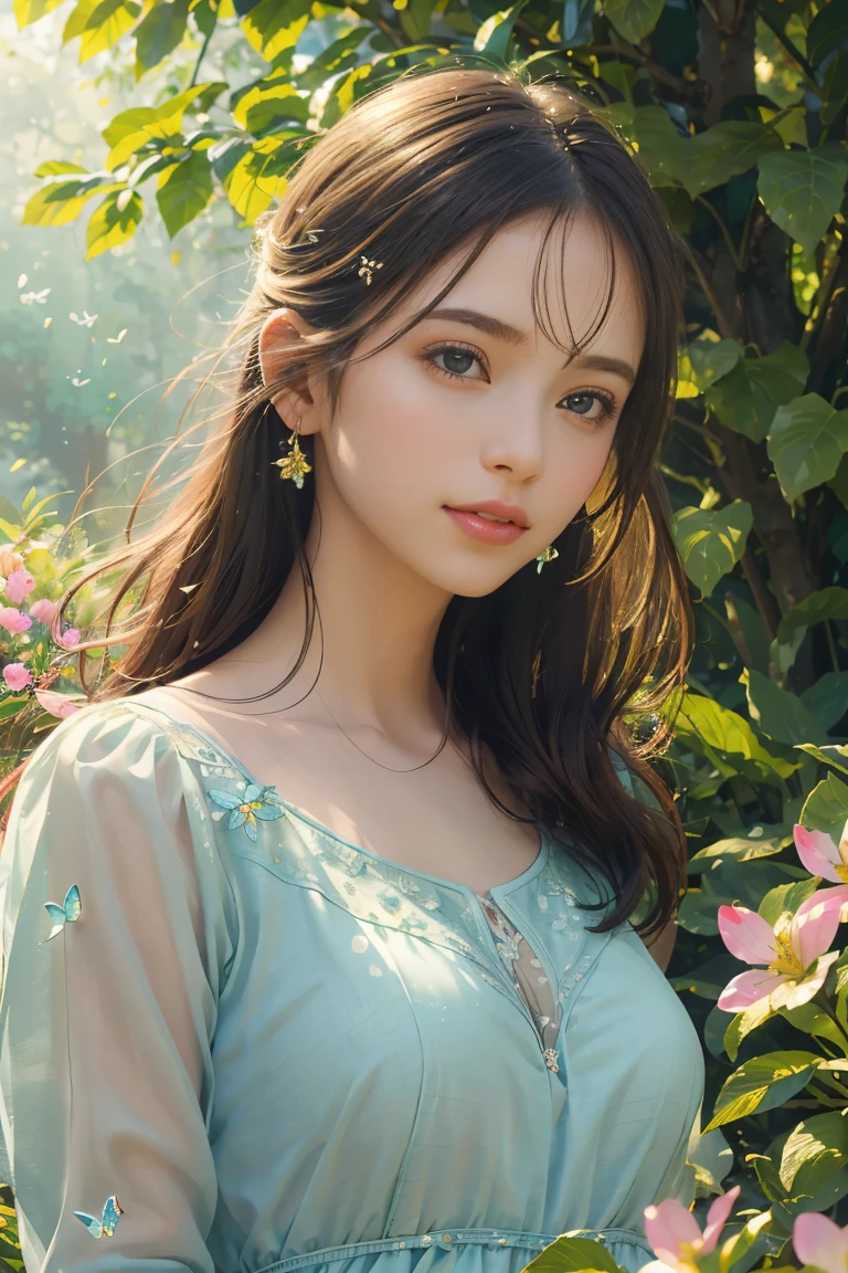 (high quality,vivid colors,realistic),(1girl,beautiful detailed eyes:1.1,beautiful detailed lips:1.1),garden,vibrant flowers,lush greenery,standing gracefully,flowing dress,light breeze,captivating smile,peaceful atmosphere,sunlit,aesthetic,harmonious composition,soft lighting,majestic trees,birds chirping,rays of sunlight streaming through the leaves,colorful butterflies,dewdrops on petals,serene expression,gentle shadows,realistic textures,delicate details,feminine beauty,subtle makeup,natural light,tranquil setting,blissful,scenic view,serenity,relaxing, vibrant harmonious color palette.