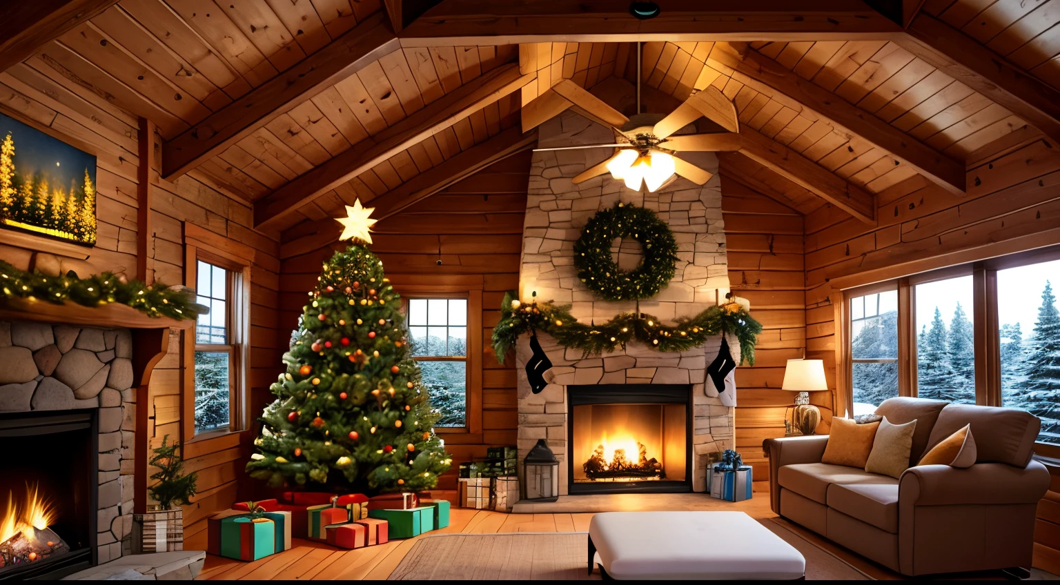 real image view from inside attic cabin,1 side large window,fireplace,night,christmas tree, Snowman