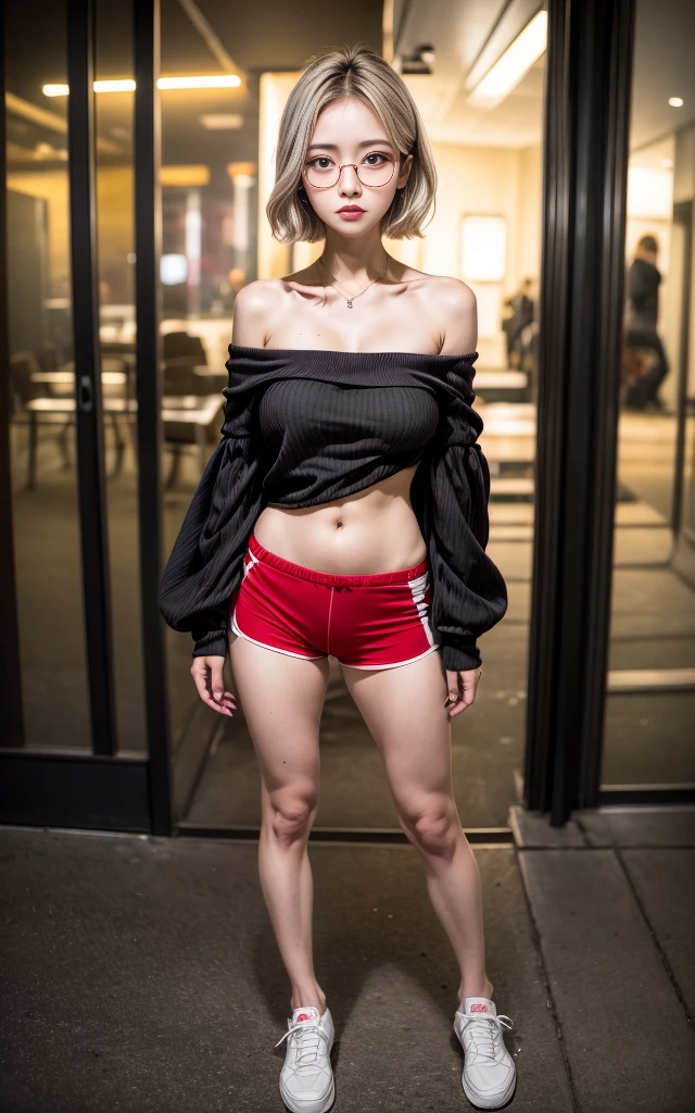 (8K, Masterpiece, RAW photo, Best quality, detail:1.3), (ultra realistic:1.4, scenary, 8K), Depth of field, Cinematic light, (ultra realistic face), (1 solo skinny girl:1.5), (Beautiful and elegant girl), (tight red minishorts:1.4), (girl with glasses), (latina face:1.5), (full body:1.6), (off-shoulder tight minitop:1.5), (small necklace, collarbone), (ultra detailed skin:1.2), (complete standing pose:1.2), (ultra realistic skin:1.3)