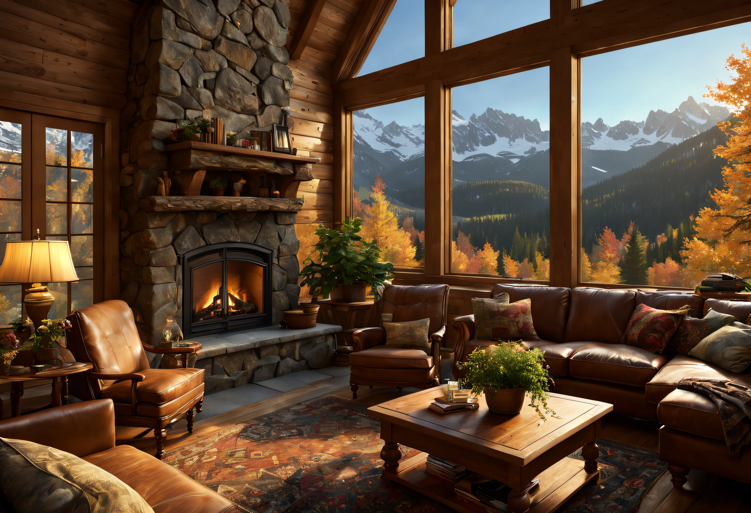 (best quality,4k,8k,highres,masterpiece:1.2),ultra-detailed,(realistic,photorealistic,photo-realistic:1.37),Mountain Cabin,cozy cabin,wooden cabin surrounded by mountains,serene atmosphere,great attention to detail,peaceful setting,panoramic view of the mountains and forest,secluded location,one windows with breathtaking views,quaint and rustic design,smoke coming out of the chimney,warm and inviting ambiance,crackling fireplace,comfy furniture,soft and warm lighting,tranquil colors,natural materials,wood paneling,beautifully landscaped garden with colorful flowers and plants,clear blue sky,fresh air,gentle breeze,rustling leaves,quietude and serenity,hiking trails,nature exploration,adventure,hideaway,escape from the busy city life,perfect place for relaxation and meditation.