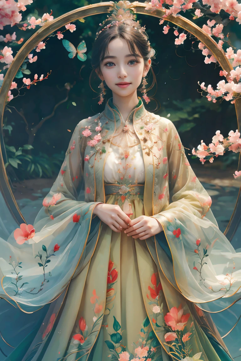 (highres,vibrant colors,photorealistic:1.2),1girl,beautiful detailed eyes,beautiful detailed lips,garden with vibrant flowers,lush greenery,soft sunlight,serene atmosphere,carefully crafted details,variety of colorful blooms,delicate petals,dewdrops on leaves,fluttering butterflies,peaceful ambiance,calming breeze,joyful expression on the girl's face,happiness in her eyes.