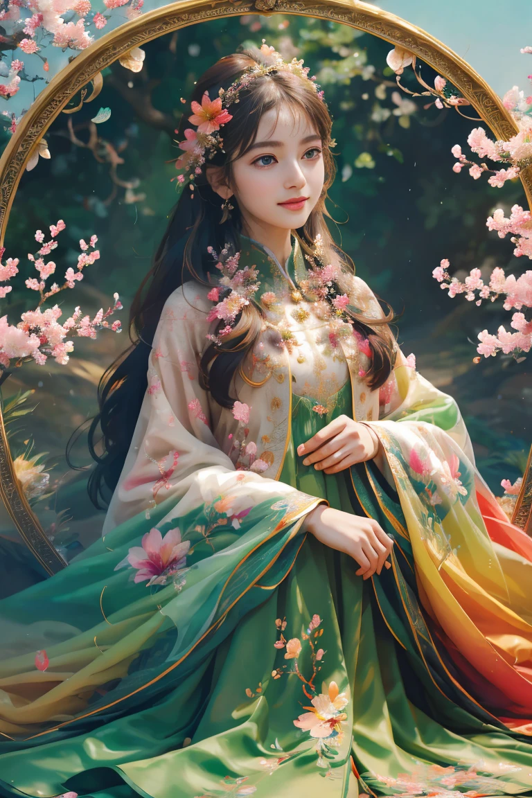 (highres,vibrant colors,photorealistic:1.2),1girl,beautiful detailed eyes,beautiful detailed lips,garden with vibrant flowers,lush greenery,soft sunlight,serene atmosphere,carefully crafted details,variety of colorful blooms,delicate petals,dewdrops on leaves,fluttering butterflies,peaceful ambiance,calming breeze,joyful expression on the girl's face,happiness in her eyes.