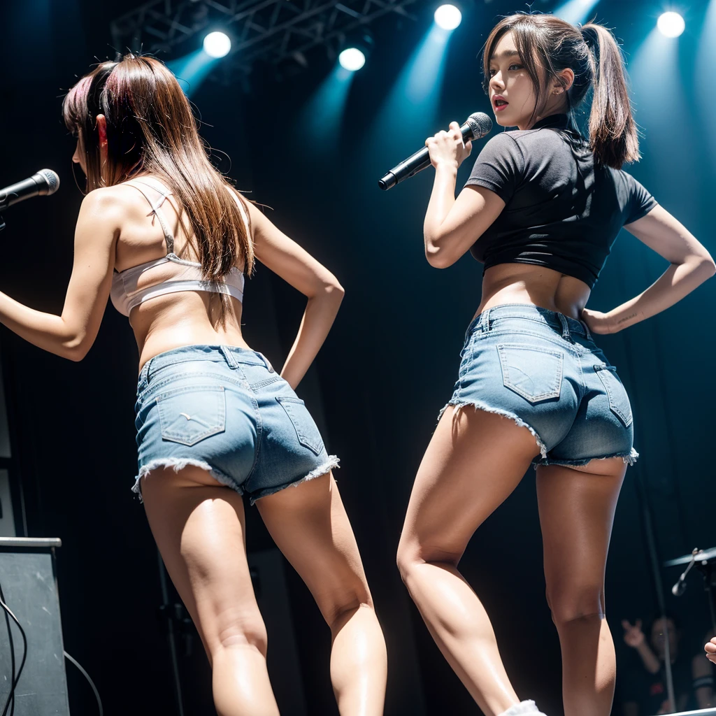 K-pop idols performing on stage, back view, denim tight shorts
