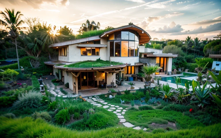A photograph of a symmetrical contemporary house with (((green roof))) and (((biological pool))) in a tropical backyard, white plaster walls (((rustic clay stucco))), ((corner walls rounded)), ((rustic clay plaster)), (((white walls with rounded corners, organic curves))), (((rustic earth plaster, mud))), (((wave-shaped green roof with wooden edge))), (((wooden roof structure, wooden rake, wooden fascia board))), eaves, porch with wooden pillar, ((roof with wooden structure)), In Bali (((Tropical garden))) , ((natural houses, organic buildings, organic architecture)), Ecovillage, sustainable architecture, Bioconstruction, solarpunk architecture, (((grass roof, green roof, green wave roof, rounded roof, vegetated roofs))), ( (green architecture)), Passive house, (((Rock Foundation))), Clear sky in the background, painful beauty, modern, imposing, green house, ((Bali Hadid Style)), super resolution, cinematic, color grading , editorial photography, photography, photo shoot, (((dramatic front eye top angle view))), O 50mm, depth of field, intricate details, natural colors, sharp focus, warm light, shutter speed 1/1000 , F/22 , White Balance, Ray Trace Reflections, Lumen Reflections, Screen Space Reflections, Diffraction Rating, Chromatic Aberration, GB Shift, Partial Lighting, Backlighting, Daylighting, Scan Lines, ambient occlusion, antialiasing, shaders, OpenGL-Shaders, GLSL-Shaders, Post-processing, post-production, shading, tone mapping, incredibly detailed and complex, hypermaximalist, elegant, hyperrealistic, super detailed, dynamic pose, Fujifilm XT3