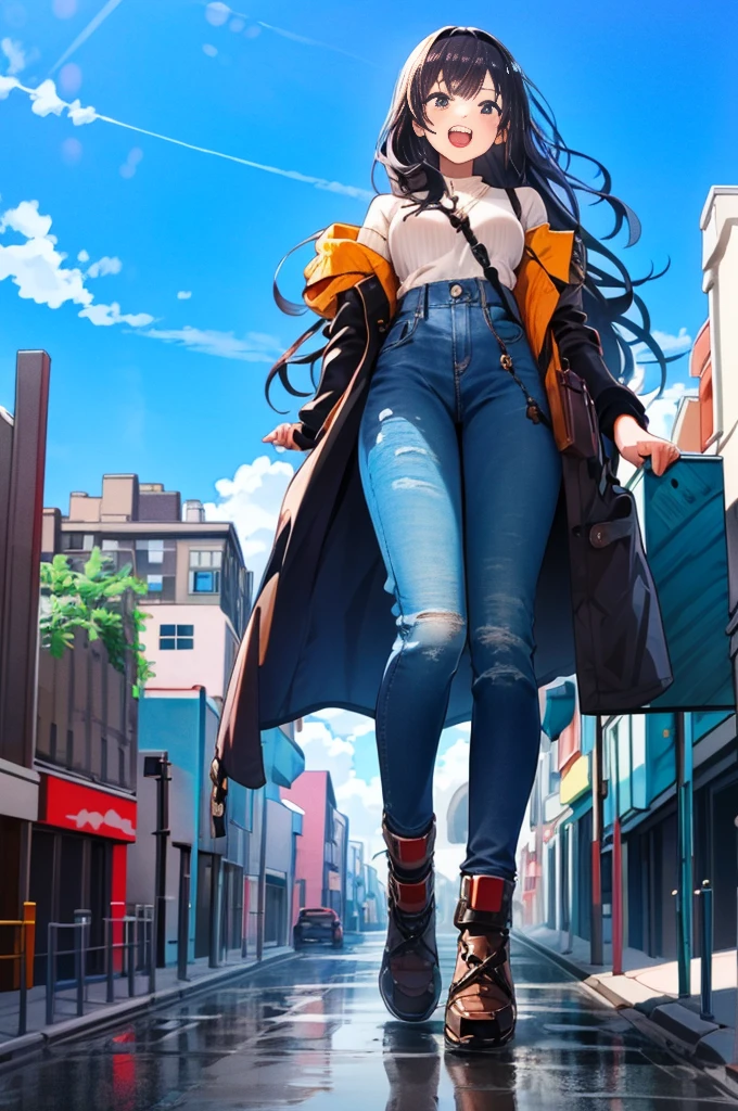 (masterpiece:0.0), (best quality, Ultra Detailed:1.3), sharp focus, (Depth-of-field:1.0), (super fine-illustration:1.0), full color, (natural lighting, natural shading:1.0), (Blue sky, white clouds:1.0), (full_body shot:1.2), BREAK,
(1girl, solo), maiden , taller than a building, Shiny hair, shiny skin, exposed skin, Sparkling eyes, casual clothes,
(Crouch:0.0), (loud laughter:1.3), skyscraper, narrow alley, city, (destruction:1.0), people, car,
Giantess, gts, tall female, (Rampage:0.0),