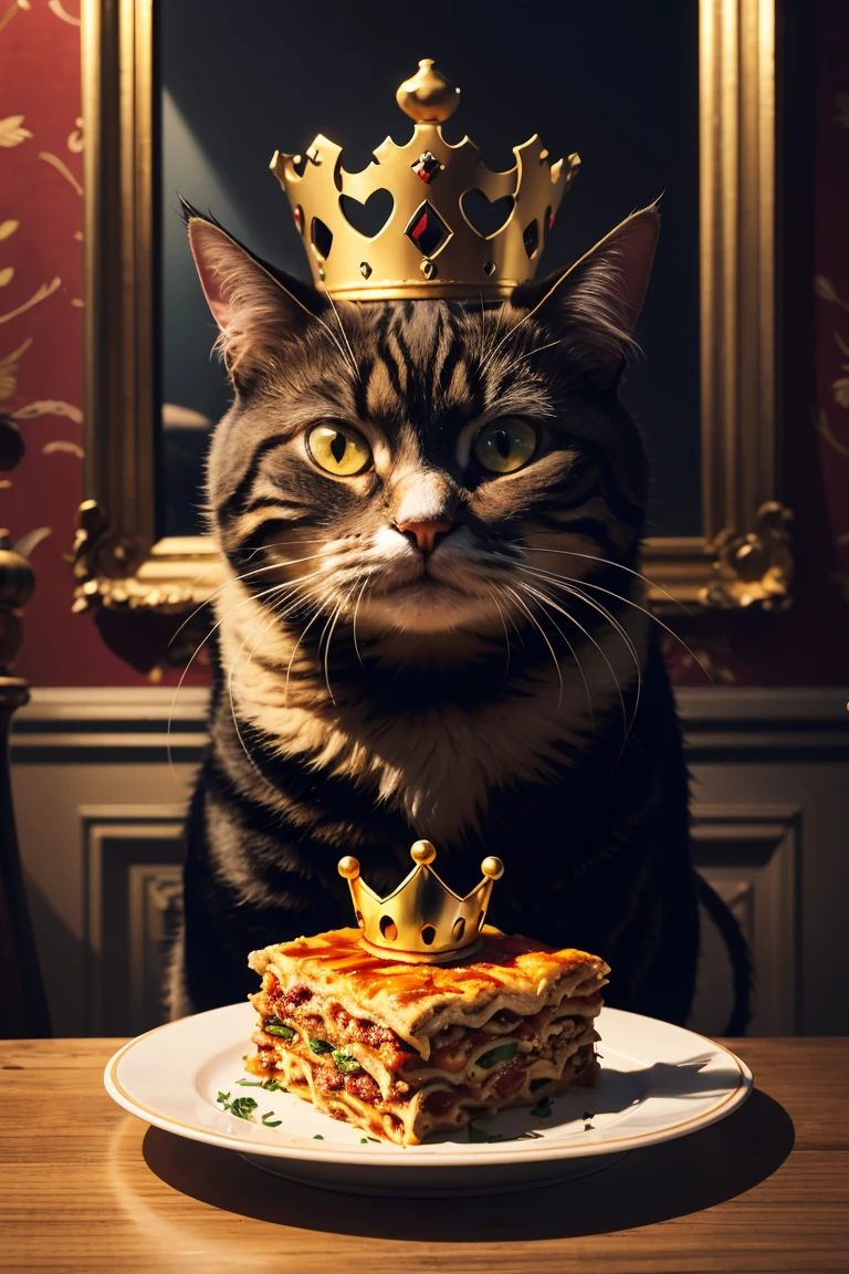 araffe with a crown and a gold crown on his chest, garfield, eldritch abomination garfield, garfield the cat, portrait of garfield, garfield eating lasagna, lasagna, garfield comic, new cats movie, garfield cat face, royal emperor, funny cat, god, the golden cat armor knight, with garfield the cartoon cat, gaturro, petrol, the new king of great britain, king of entropy, defence, overlord season 4, the cat is orange, king, orange cat, emperor, catarthic, clean image, Jim Davis, wall, cat furry, greta thunberg, the king of dreams, without text,