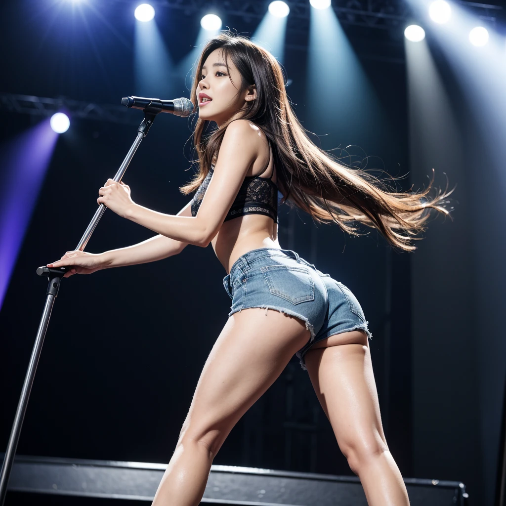 Kpop idols performing on stage, back view, short denim tight shorts