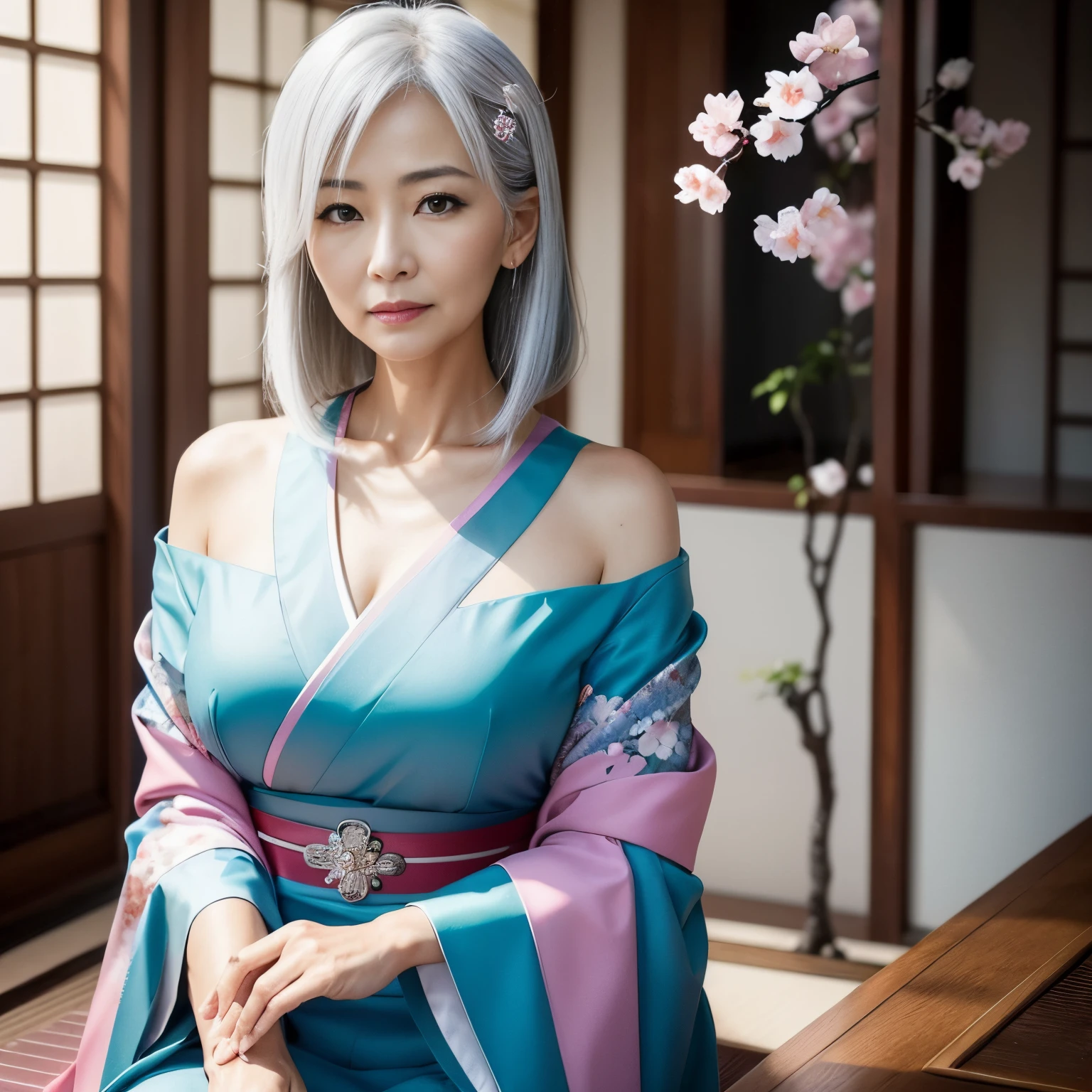 Create an ultra-realistic anime-style image of a beautiful mature oriental woman with an apparent age of 50. She should have long white hair, blue eyes, and be dressed in an elegant fusion of kimono and a modern dress with a hint of shimmer, maintaining the colors of light blue, white, and pink, and featuring an elegant cherry blossom pattern. She should have an austere expression and wear an elegant crane-shaped ornament in her hair. Place her in an Oriental room within an Oriental mansion.