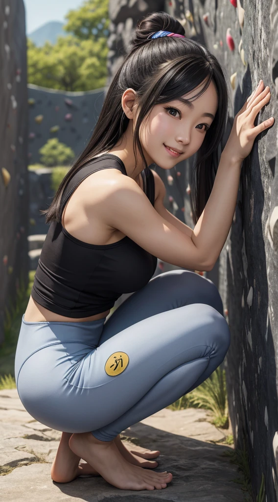 masutepiece, Best Quality, Illustration, Ultra-detailed, finely detail, hight resolution, 8K Wallpaper, Perfect dynamic composition, Beautiful detailed eyes, Sporty clothing,Semi-long with black hair、−,D Cup Breasts、Natural Color Lip,((( Bouldering Wall))),a smile、20 years girl、Cute、leggins、squatting、Low angle from directly behind、full bodyesbian