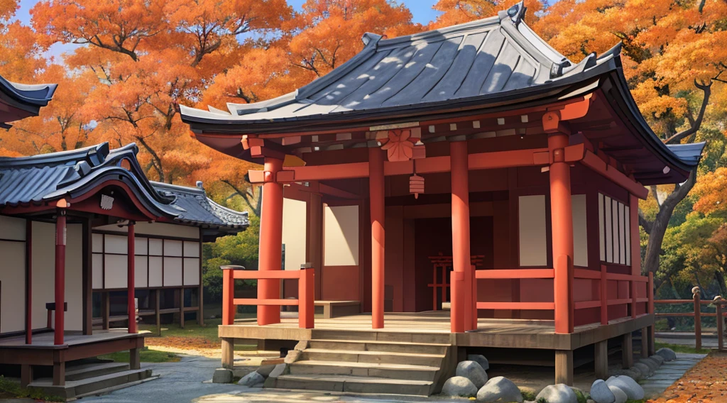 detailed, 2.5D, flat-colors, line-art,
Japanese shrine, 
roof tiles, wood, stone,
daytime,
autumn leaves,