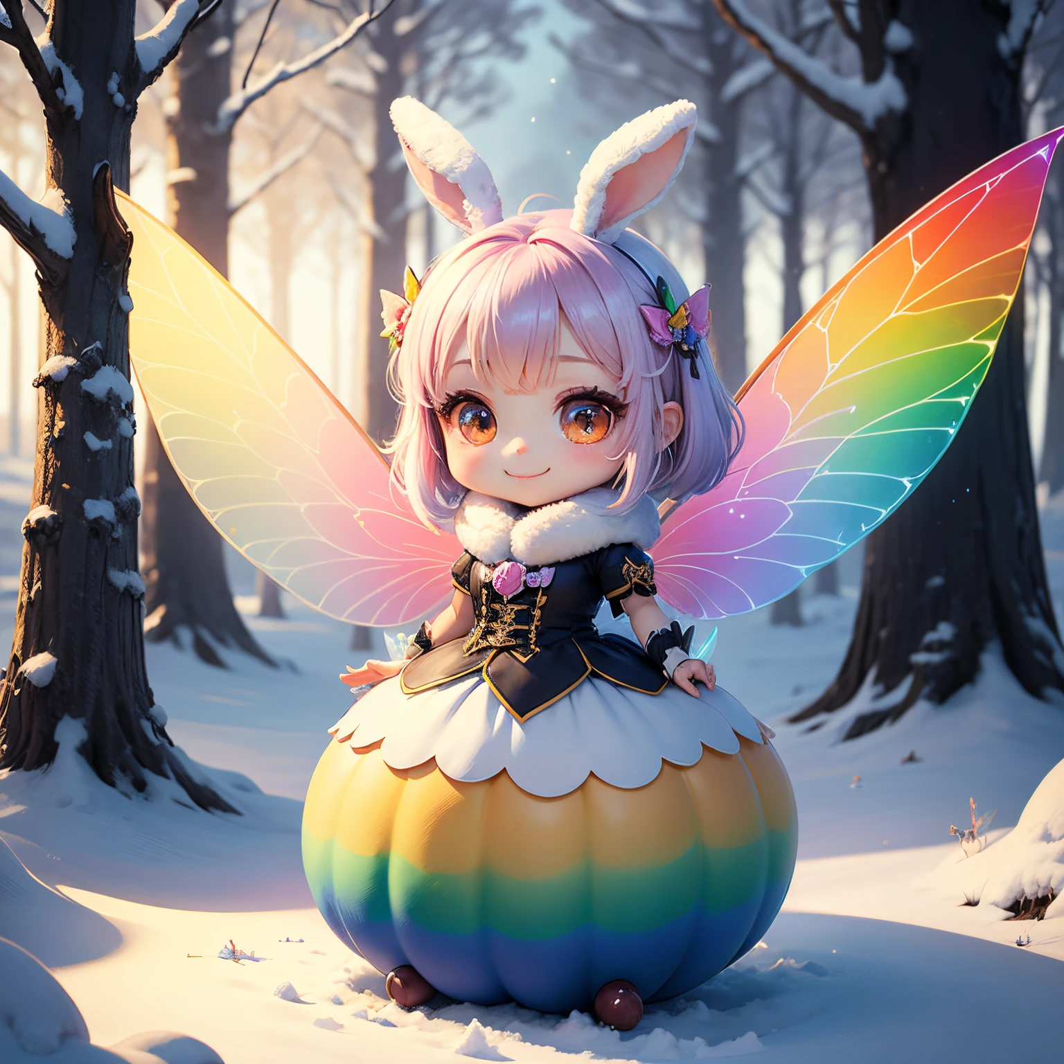 ​masterpiece、top-quality、ultra-detailliert、(chibi character rabbit girl:1.2)、(rainbow fairy wings:1.3)、fairy tale winter forest、A smile、