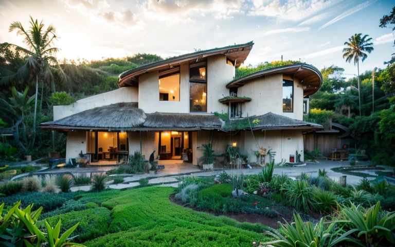 A photograph of a symmetrical contemporary house with (((green roof))) and (((biological pool))) in a tropical backyard, white plaster walls (((rustic clay stucco))), ((corner walls rounded)), ((rustic clay plaster)), (((white walls with rounded corners, organic curves))), (((rustic earth plaster, mud))), (((wave-shaped green roof with wooden edge))), (((wooden roof structure, wooden rake, wooden fascia board))), eaves, porch with wooden pillar, ((roof with wooden structure)), In Bali (((Tropical garden))) , ((natural houses, organic buildings, organic architecture)), Ecovillage, sustainable architecture, Bioconstruction, solarpunk architecture, (((grass roof, green roof, green wave roof, rounded roof, vegetated roofs))), ( (green architecture)), Passive house, (((Rock Foundation))), Clear sky in the background, painful beauty, modern, imposing, green house, ((Bali Hadid Style)), super resolution, cinematic, color grading , editorial photography, photography, photo shoot, (((dramatic front eye top angle view))), O 50mm, depth of field, intricate details, natural colors, sharp focus, warm light, shutter speed 1/1000 , F/22 , White Balance, Ray Trace Reflections, Lumen Reflections, Screen Space Reflections, Diffraction Rating, Chromatic Aberration, GB Shift, Partial Lighting, Backlighting, Daylighting, Scan Lines, ambient occlusion, antialiasing, shaders, OpenGL-Shaders, GLSL-Shaders, Post-processing, post-production, shading, tone mapping, incredibly detailed and complex, hypermaximalist, elegant, hyperrealistic, super detailed, dynamic pose, Fujifilm XT3