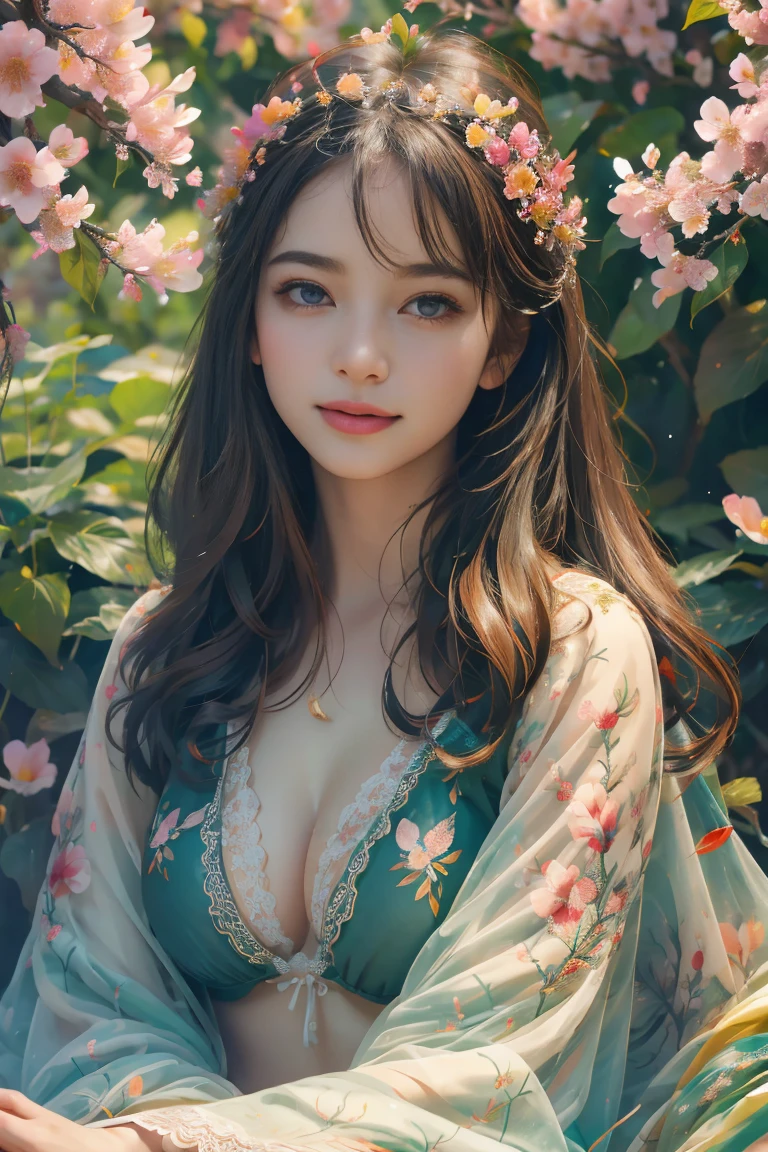 (highres,vibrant colors,photorealistic:1.2),1girl,beautiful detailed eyes,beautiful detailed lips,garden with vibrant flowers,lush greenery,soft sunlight,serene atmosphere,carefully crafted details,variety of colorful blooms,delicate petals,dewdrops on leaves,fluttering butterflies,peaceful ambiance,calming breeze,joyful expression on the girl's face,happiness in her eyes. Lingerie, bikini, in bed