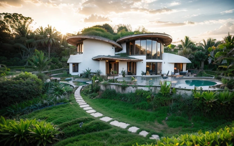 A photograph of a symmetrical contemporary house with (((green roof))) and (((biological pool))) in a tropical backyard, white plaster walls (((rustic clay stucco))), ((corner walls rounded)), ((rustic clay plaster)), (((white walls with rounded corners, organic curves))), (((rustic earth plaster, mud))), (((wave-shaped green roof with wooden edge))), (((wooden roof structure, wooden rake, wooden fascia board))), eaves, porch with wooden pillar, ((roof with wooden structure)), In Bali (((Tropical garden))) , ((natural houses, organic buildings, organic architecture)), Ecovillage, sustainable architecture, Bioconstruction, solarpunk architecture, (((grass roof, green roof, green wave roof, rounded roof, vegetated roofs))), ( (green architecture)), Passive house, (((Rock Foundation))), Clear sky in the background, painful beauty, modern, imposing, green house, ((Bali Hadid Style)), super resolution, cinematic, color grading , editorial photography, photography, photo shoot, (((dramatic front eye top angle view))), O 50mm, depth of field, intricate details, natural colors, sharp focus, warm light, shutter speed 1/1000 , F/22 , White Balance, Ray Trace Reflections, Lumen Reflections, Screen Space Reflections, Diffraction Rating, Chromatic Aberration, GB Shift, Partial Lighting, Backlighting, Daylighting, Scan Lines, ambient occlusion, antialiasing, shaders, OpenGL-Shaders, GLSL-Shaders, Post-processing, post-production, shading, tone mapping, incredibly detailed and complex, hypermaximalist, elegant, hyperrealistic, super detailed, dynamic pose, Fujifilm XT3