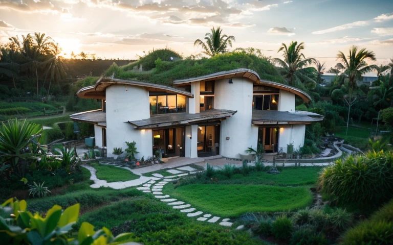 A photograph of a symmetrical contemporary house with (((green roof))) and (((biological pool))) in a tropical backyard, white plaster walls (((rustic clay stucco))), ((corner walls rounded)), ((rustic clay plaster)), (((white walls with rounded corners, organic curves))), (((rustic earth plaster, mud))), (((wave-shaped green roof with wooden edge))), (((wooden roof structure, wooden rake, wooden fascia board))), eaves, porch with wooden pillar, ((roof with wooden structure)), In Bali (((Tropical garden))) , ((natural houses, organic buildings, organic architecture)), Ecovillage, sustainable architecture, Bioconstruction, solarpunk architecture, (((grass roof, green roof, green wave roof, rounded roof, vegetated roofs))), ( (green architecture)), Passive house, (((Rock Foundation))), Clear sky in the background, painful beauty, modern, imposing, green house, ((Bali Hadid Style)), super resolution, cinematic, color grading , editorial photography, photography, photo shoot, (((dramatic front eye top angle view))), O 50mm, depth of field, intricate details, natural colors, sharp focus, warm light, shutter speed 1/1000 , F/22 , White Balance, Ray Trace Reflections, Lumen Reflections, Screen Space Reflections, Diffraction Rating, Chromatic Aberration, GB Shift, Partial Lighting, Backlighting, Daylighting, Scan Lines, ambient occlusion, antialiasing, shaders, OpenGL-Shaders, GLSL-Shaders, Post-processing, post-production, shading, tone mapping, incredibly detailed and complex, hypermaximalist, elegant, hyperrealistic, super detailed, dynamic pose, Fujifilm XT3