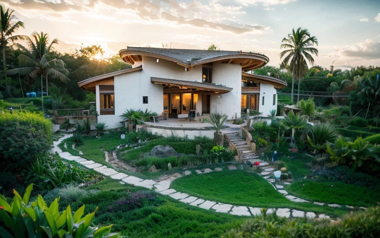 A photograph of a symmetrical contemporary house with (((green roof))) and (((biological pool))) in a tropical backyard, white plaster walls (((rustic clay stucco))), ((corner walls rounded)), ((rustic clay plaster)), (((white walls with rounded corners, organic curves))), (((rustic earth plaster, mud))), (((wave-shaped green roof with wooden edge))), (((wooden roof structure, wooden rake, wooden fascia board))), eaves, porch with wooden pillar, ((roof with wooden structure)), In Bali (((Tropical garden))) , ((natural houses, organic buildings, organic architecture)), Ecovillage, sustainable architecture, Bioconstruction, solarpunk architecture, (((grass roof, green roof, green wave roof, rounded roof, vegetated roofs))), ( (green architecture)), Passive house, (((Rock Foundation))), Clear sky in the background, painful beauty, modern, imposing, green house, ((Bali Hadid Style)), super resolution, cinematic, color grading , editorial photography, photography, photo shoot, (((dramatic front eye top angle view))), O 50mm, depth of field, intricate details, natural colors, sharp focus, warm light, shutter speed 1/1000 , F/22 , White Balance, Ray Trace Reflections, Lumen Reflections, Screen Space Reflections, Diffraction Rating, Chromatic Aberration, GB Shift, Partial Lighting, Backlighting, Daylighting, Scan Lines, ambient occlusion, antialiasing, shaders, OpenGL-Shaders, GLSL-Shaders, Post-processing, post-production, shading, tone mapping, incredibly detailed and complex, hypermaximalist, elegant, hyperrealistic, super detailed, dynamic pose, Fujifilm XT3