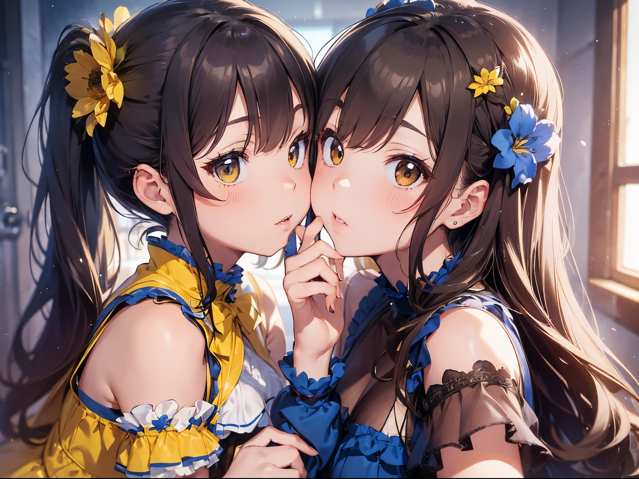 (Best Picture Quality, 4K, High Quality, Masterpiece:1.2), ((Masterpiece)), High Detail, High Quality, (HDR,16k, RAW Beautiful Girl Portrait, Best Picture Quality, Masterpiece:1.2), (Ultra-Definition Illustration), nsfw, idolmaster, idol costume, , spotlight, lesbian, two women are kissing each other in a dark room, portrait of two girls kissing, kissing together cutely, lesbian kiss, nsfw, extremely cute, brown hair color, twintail hair, sleeveless, detached sleeves, (yellow & blue frilled dress with flower stitches:1.3), tiara