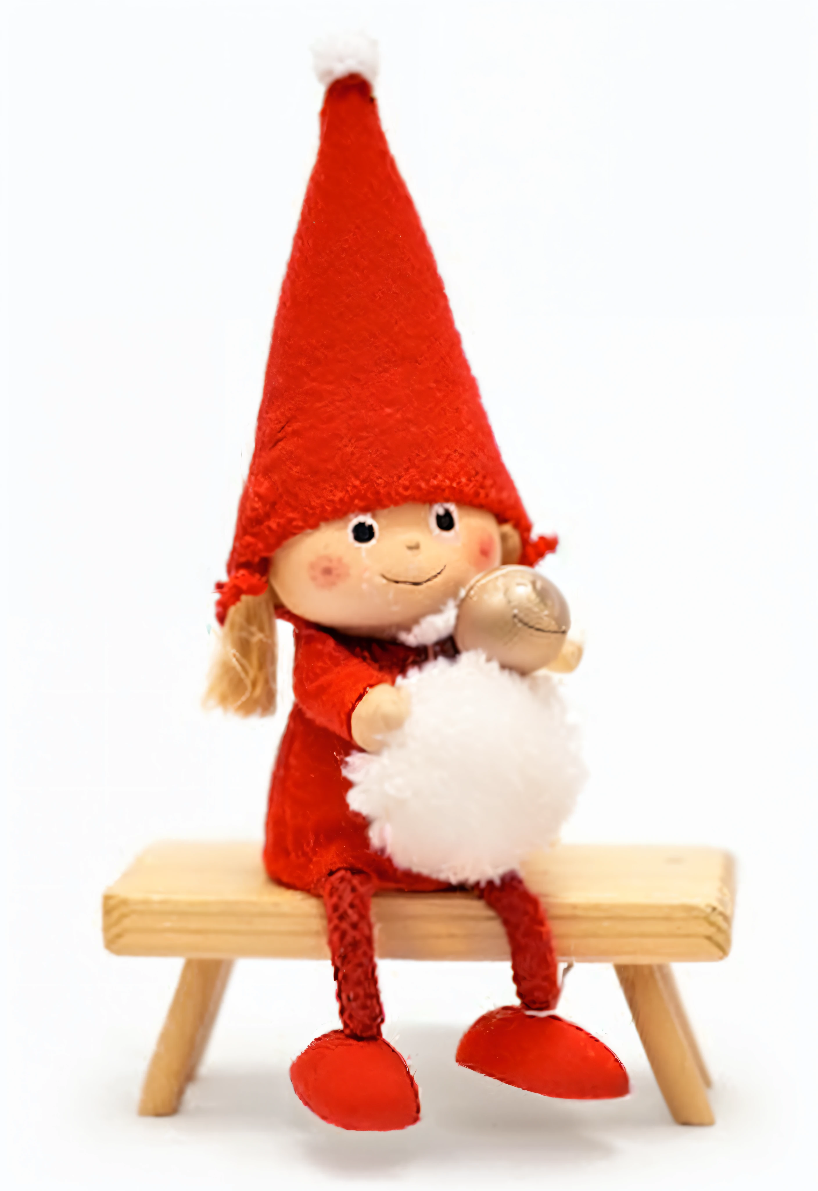 a close up of a small stuffed animal on a bench, gnome, little elf girl, plush doll, an elf, little red riding hood, little elf tomboy, by Eero Järnefelt, cute fumo plush fox girl, sitting on santa, cute fumo plush bunny girl, giving flasks to other gnomes, red riding hood