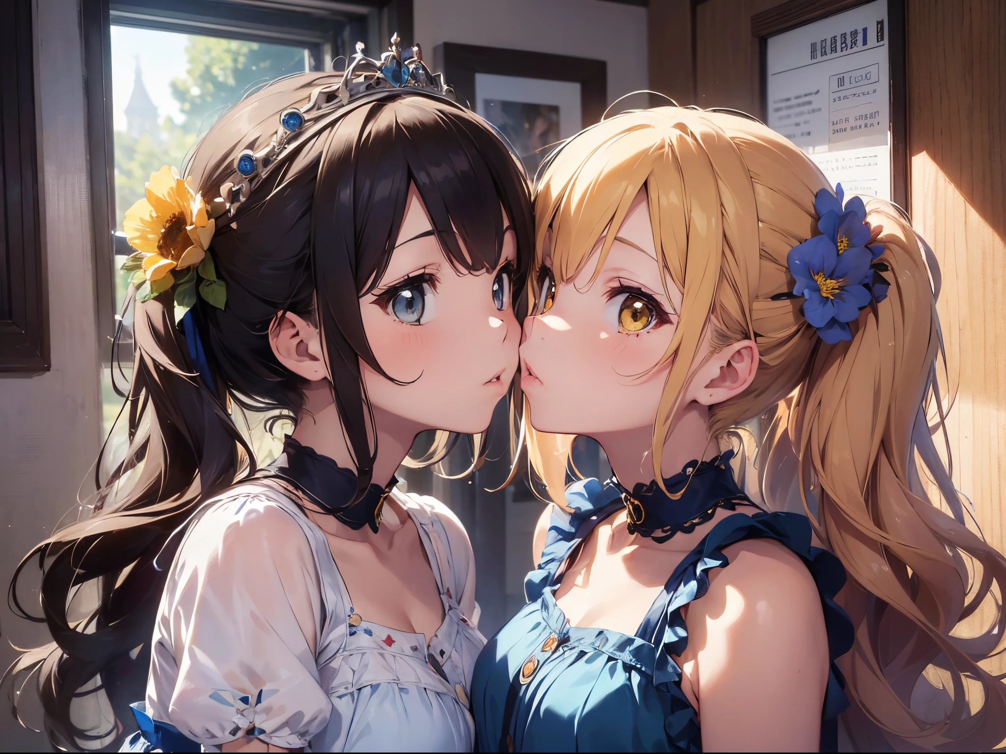 (Best Picture Quality, 4K, High Quality, Masterpiece:1.2), ((Masterpiece)), High Detail, High Quality, (HDR,16k, RAW Beautiful Girl Portrait, Best Picture Quality, Masterpiece:1.2), (Ultra-Definition Illustration), nsfw, idolmaster, idol costume, young teen, spotlight, lesbian, two women are kissing each other in a dark room, portrait of two girls kissing, kissing together cutely, lesbian kiss, nsfw, extremely cute, brown hair color, twintail hair, sleeveless, detached sleeves, (yellow & blue frilled dress with flower stitches:1.3), tiara