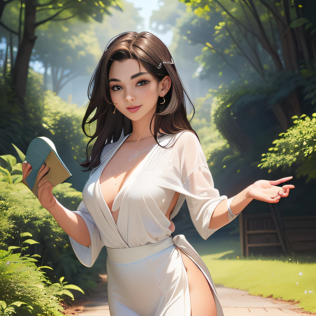 (Extremely detailed 8k wallpaper:2), (photo:2), (soigne Beautiful girl:2), (gives a lecture to friends:2), detailed (Face and eyes), (hyper realistic:1), (highly detailed:1), (epic realistic:1), rim light, (maximum details:1), cozy, (fullbody:1.3), (looking at viewer:2.0), (Woman's Attractive Qualities:2), (Attractive Woman:2), (Attractive:2), Smile, Intelligence, Empathy, Gracefulness, Sense of Style, Fitness, Grooming, Optimism, (Sensitivity:2), Sincerity, Romantic Gestures, Playfulness, Fashion Sense, (Sensuality:2), Charm, Modesty, Thoughtfulness, (Femininity:1), Flirtatiousness, Warmth, (Physical attractiveness:2), A beautiful smile, A love of life, strength and power, vulnerability, curiosity, wonder, love, (nature background:2), kawaii, waifu, Beautiful breasts, (attractive body:2), (Beautiful body:2), Beautiful pose, attractive pose, (Beautiful legs:1.0), (Beautiful clothes:1), (classic clothes:2), (elegant clothes:2), (European clothes:2), detailed clothes, (skirt:1), (blouse:1), (provocative pose)