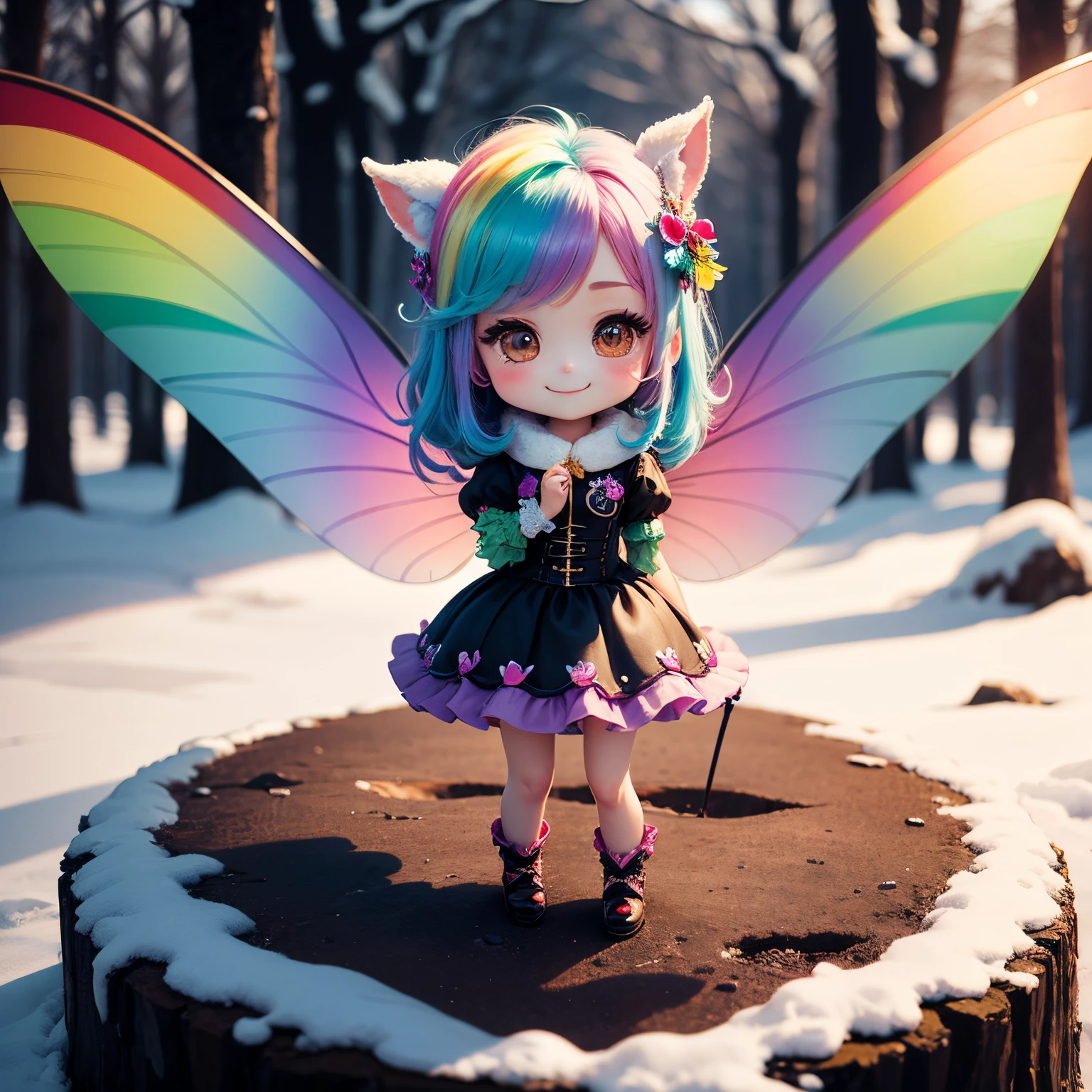 masterpiece、top-quality、ultra-detailliert、(chibi character rabbit girl:1.2)、(Rainbow Fairy Wings:1.3)、fairy tale winter forest、A smile、Full-body standing figure