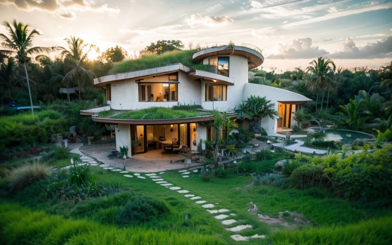 A photograph of a symmetrical contemporary house with (((green roof))) and (((biological pool))) in a tropical backyard, white plaster walls (((rustic clay stucco))), ((corner walls rounded)), ((rustic clay plaster)), (((white walls with rounded corners, organic curves))), (((rustic earth plaster, mud))), (((wave-shaped green roof with wooden edge))), (((wooden roof structure, wooden rake, wooden fascia board))), eaves, porch with wooden pillar, ((roof with wooden structure)), In Bali (((Tropical garden))) , ((natural houses, organic buildings, organic architecture)), Ecovillage, sustainable architecture, Bioconstruction, solarpunk architecture, (((grass roof, green roof, green wave roof, rounded roof, vegetated roofs))), ( (green architecture)), Passive house, (((Rock Foundation))), Clear sky in the background, painful beauty, modern, imposing, green house, ((Bali Hadid Style)), super resolution, cinematic, color grading , editorial photography, photography, photo shoot, (((dramatic front eye top angle view))), O 50mm, depth of field, intricate details, natural colors, sharp focus, warm light, shutter speed 1/1000 , F/22 , White Balance, Ray Trace Reflections, Lumen Reflections, Screen Space Reflections, Diffraction Rating, Chromatic Aberration, GB Shift, Partial Lighting, Backlighting, Daylighting, Scan Lines, ambient occlusion, antialiasing, shaders, OpenGL-Shaders, GLSL-Shaders, Post-processing, post-production, shading, tone mapping, incredibly detailed and complex, hypermaximalist, elegant, hyperrealistic, super detailed, dynamic pose, Fujifilm XT3