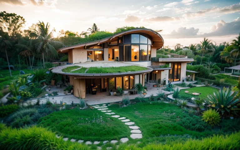 A photograph of a symmetrical contemporary house with (((green roof))) and (((biological pool))) in a tropical backyard, white plaster walls (((rustic clay stucco))), ((corner walls rounded)), ((rustic clay plaster)), (((white walls with rounded corners, organic curves))), (((rustic earth plaster, mud))), (((wave-shaped green roof with wooden edge))), (((wooden roof structure, wooden rake, wooden fascia board))), eaves, porch with wooden pillar, ((roof with wooden structure)), In Bali (((Tropical garden))) , ((natural houses, organic buildings, organic architecture)), Ecovillage, sustainable architecture, Bioconstruction, solarpunk architecture, (((grass roof, green roof, green wave roof, rounded roof, vegetated roofs))), ( (green architecture)), Passive house, (((Rock Foundation))), Clear sky in the background, painful beauty, modern, imposing, green house, ((Bali Hadid Style)), super resolution, cinematic, color grading , editorial photography, photography, photo shoot, (((dramatic front eye top angle view))), O 50mm, depth of field, intricate details, natural colors, sharp focus, warm light, shutter speed 1/1000 , F/22 , White Balance, Ray Trace Reflections, Lumen Reflections, Screen Space Reflections, Diffraction Rating, Chromatic Aberration, GB Shift, Partial Lighting, Backlighting, Daylighting, Scan Lines, ambient occlusion, antialiasing, shaders, OpenGL-Shaders, GLSL-Shaders, Post-processing, post-production, shading, tone mapping, incredibly detailed and complex, hypermaximalist, elegant, hyperrealistic, super detailed, dynamic pose, Fujifilm XT3