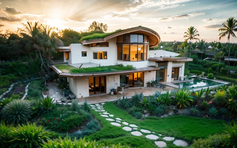 A photograph of a symmetrical contemporary house with (((green roof))) and (((biological pool))) in a tropical backyard, white plaster walls (((rustic clay stucco))), ((corner walls rounded)), ((rustic clay plaster)), (((white walls with rounded corners, organic curves))), (((rustic earth plaster, mud))), (((wave-shaped green roof with wooden edge))), (((wooden roof structure, wooden rake, wooden fascia board))), eaves, porch with wooden pillar, ((roof with wooden structure)), In Bali (((Tropical garden))) , ((natural houses, organic buildings, organic architecture)), Ecovillage, sustainable architecture, Bioconstruction, solarpunk architecture, (((grass roof, green roof, green wave roof, rounded roof, vegetated roofs))), ( (green architecture)), Passive house, (((Rock Foundation))), Clear sky in the background, painful beauty, modern, imposing, green house, ((Bali Hadid Style)), super resolution, cinematic, color grading , editorial photography, photography, photo shoot, (((dramatic front eye top angle view))), O 50mm, depth of field, intricate details, natural colors, sharp focus, warm light, shutter speed 1/1000 , F/22 , White Balance, Ray Trace Reflections, Lumen Reflections, Screen Space Reflections, Diffraction Rating, Chromatic Aberration, GB Shift, Partial Lighting, Backlighting, Daylighting, Scan Lines, ambient occlusion, antialiasing, shaders, OpenGL-Shaders, GLSL-Shaders, Post-processing, post-production, shading, tone mapping, incredibly detailed and complex, hypermaximalist, elegant, hyperrealistic, super detailed, dynamic pose, Fujifilm XT3
