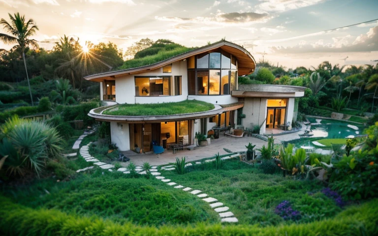 A photograph of a symmetrical contemporary house with (((green roof))) and (((biological pool))) in a tropical backyard, white plaster walls (((rustic clay stucco))), ((corner walls rounded)), ((rustic clay plaster)), (((white walls with rounded corners, organic curves))), (((rustic earth plaster, mud))), (((wave-shaped green roof with wooden edge))), (((wooden roof structure, wooden rake, wooden fascia board))), eaves, porch with wooden pillar, ((roof with wooden structure)), In Bali (((Tropical garden))) , ((natural houses, organic buildings, organic architecture)), Ecovillage, sustainable architecture, Bioconstruction, solarpunk architecture, (((grass roof, green roof, green wave roof, rounded roof, vegetated roofs))), ( (green architecture)), Passive house, (((Rock Foundation))), Clear sky in the background, painful beauty, modern, imposing, green house, ((Bali Hadid Style)), super resolution, cinematic, color grading , editorial photography, photography, photo shoot, (((dramatic front eye top angle view))), O 50mm, depth of field, intricate details, natural colors, sharp focus, warm light, shutter speed 1/1000 , F/22 , White Balance, Ray Trace Reflections, Lumen Reflections, Screen Space Reflections, Diffraction Rating, Chromatic Aberration, GB Shift, Partial Lighting, Backlighting, Daylighting, Scan Lines, ambient occlusion, antialiasing, shaders, OpenGL-Shaders, GLSL-Shaders, Post-processing, post-production, shading, tone mapping, incredibly detailed and complex, hypermaximalist, elegant, hyperrealistic, super detailed, dynamic pose, Fujifilm XT3