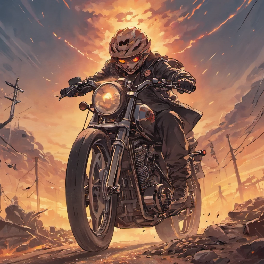 Biker riding a bike with logo, offcial art, calavera, Puncture Diesel, album art, Motorcyclist, two-wheeled vehicle, Rock band skull design, detaileds, Heavy vignette!, reverse, supervision: kuno veeber, dieselpunk grimcore machine preto, calavera, shoulder patch design, Local art, Skull around, post apocalyptic scene, destruction, evil biker bunch, drawing, digitalart, diagrams, masterpiece, Sundown, Road in the mountains, masterpiece, top-quality, Clouds in the sky, close-up, 发光, glad, Soft and warm lighting, Solar sunset, (sparks: 0,7)
