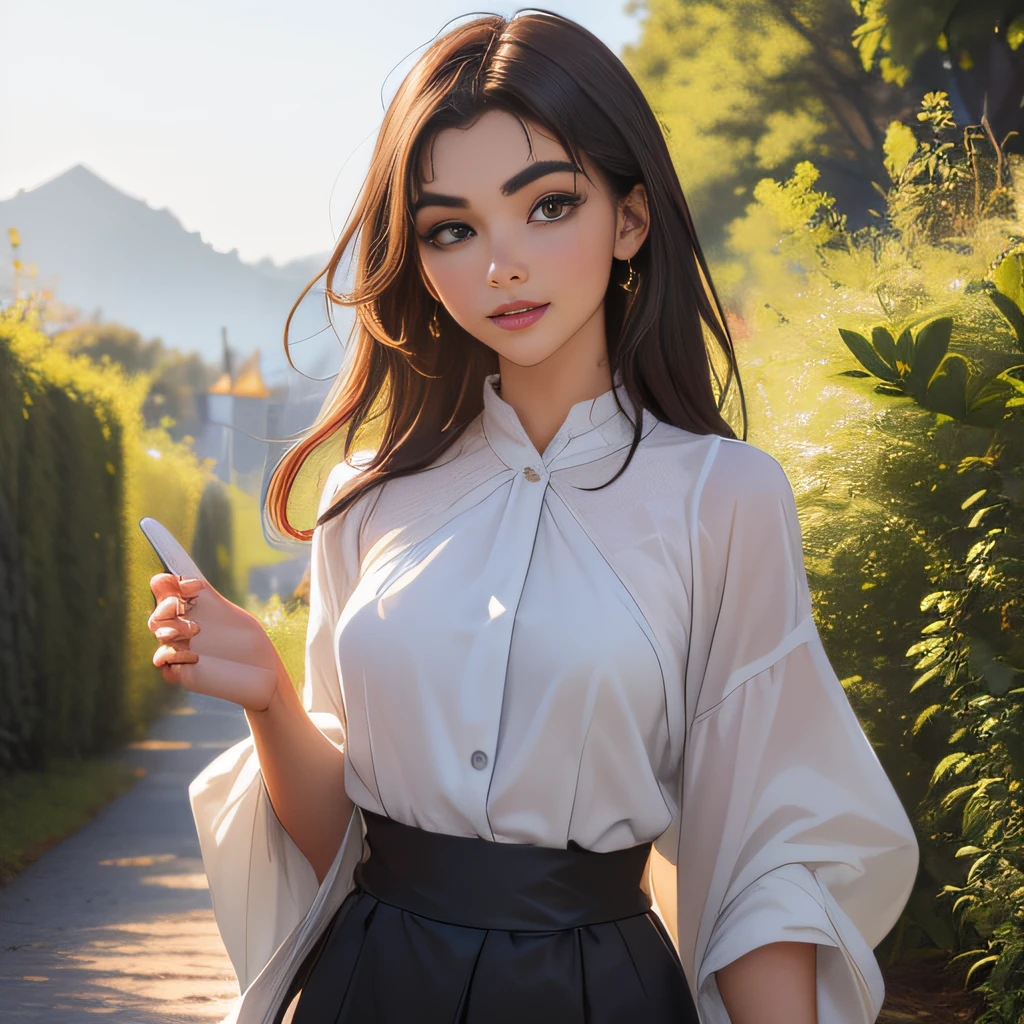 (Extremely detailed 8k wallpaper:2), (photo:2), (soigne Beautiful girl:2), (gives a lecture to friends:2), detailed (Face and eyes), (hyper realistic:1), (highly detailed:1), (epic realistic:1), rim light, (maximum details:1), cozy, (fullbody:1.3), (looking at viewer:2.0), (Woman's Attractive Qualities:2), (Attractive Woman:2), (Attractive:2), Smile, Intelligence, Empathy, Gracefulness, Sense of Style, Fitness, Grooming, Optimism, (Sensitivity:2), Sincerity, Romantic Gestures, Playfulness, Fashion Sense, (Sensuality:2), Charm, Modesty, Thoughtfulness, (Femininity:1), Flirtatiousness, Warmth, (Physical attractiveness:2), A beautiful smile, A love of life, strength and power, vulnerability, curiosity, wonder, love, (nature background:2), kawaii, waifu, Beautiful breasts, (attractive body:2), (Beautiful body:2), Beautiful pose, attractive pose, (Beautiful legs:1.0), (Beautiful clothes:1), (classic clothes:2), (elegant clothes:2), (European clothes:2), detailed clothes, (skirt:1), (blouse:1), (provocative pose)