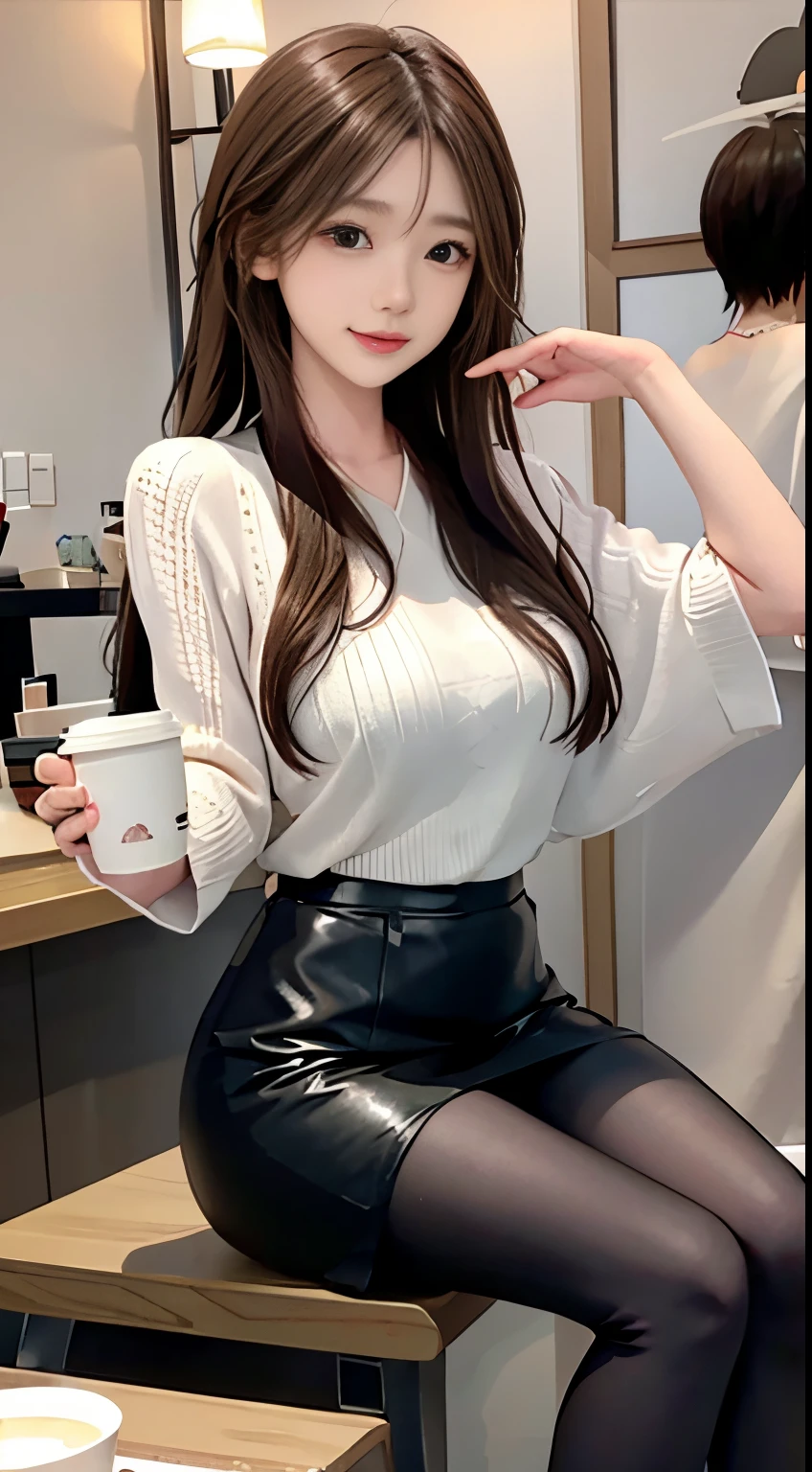 "A 23 year old woman、Natural brown hair lightly curled、Wearing casual clothes and relaxing in everyday life。She wore a comfortable leather mini and a simple black top.、She is wearing boots, black pantyhose, and stiletto heels.。Enjoy coffee at your favorite cafe、while reading a book、Having a calm and relaxing time。Her expression is filled with the joy of everyday life.、A warm atmosphere spreads around you。Through this scene、Please describe a relaxing moment in the daily life of a 23-year-old woman.。"
