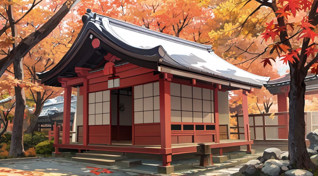 detailed, 2.5D, flat-colors, line-art,
Japanese shrine,
roof tiles, wood, stone,
daytime,
autumn leaves,
