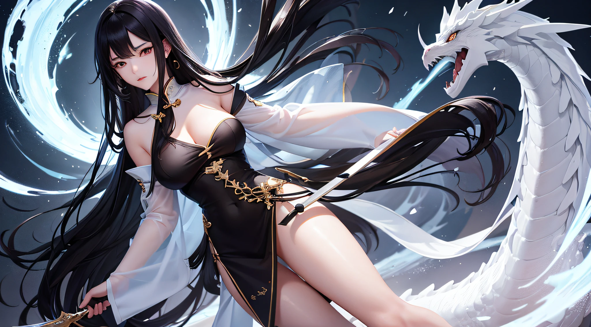 chinese girl , raising the Chun Jun sword,long black hair,tight long black dress, long sensual legs, full breasts, facing a majestic white dragon, absurdres, high res,ultrasharp,8k masterpiece, looking at viewer