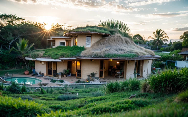 A photograph of a symmetrical contemporary house with (((green roof))) and (((biological pool))) in a tropical backyard, white plaster walls (((rustic clay stucco))), ((corner walls rounded)), ((rustic clay plaster)), (((white walls with rounded corners, organic curves))), (((rustic earth plaster, mud))), (((wave-shaped green roof with wooden edge))), (((wooden roof structure, wooden rake, wooden fascia board))), eaves, porch with wooden pillar, ((roof with wooden structure)), In Bali (((Tropical garden))) , ((natural houses, organic buildings, organic architecture)), Ecovillage, sustainable architecture, Bioconstruction, solarpunk architecture, (((grass roof, green roof, green wave roof, rounded roof, vegetated roofs))), ( (green architecture)), Passive house, (((Rock Foundation))), Clear sky in the background, painful beauty, modern, imposing, green house, ((Bali Hadid Style)), super resolution, cinematic, color grading, editorial photography, photography, photo shoot, (((dramatic front eye top angle view))), O 50mm, depth of field, intricate details, natural colors, sharp focus, warm light, shutter speed 1/1000 , F/22 , White Balance, Ray Trace Reflections, Lumen Reflections, Screen Space Reflections, Diffraction Rating, Chromatic Aberration, GB Shift, Partial Lighting, Backlighting, Daylighting, Scan Lines, ambient occlusion, antialiasing, shaders, OpenGL-Shaders, GLSL-Shaders, Post-processing, post-production, shading, tone mapping, incredibly detailed and complex, hypermaximalist, elegant, hyperrealistic, super detailed, dynamic pose, Fujifilm XT3