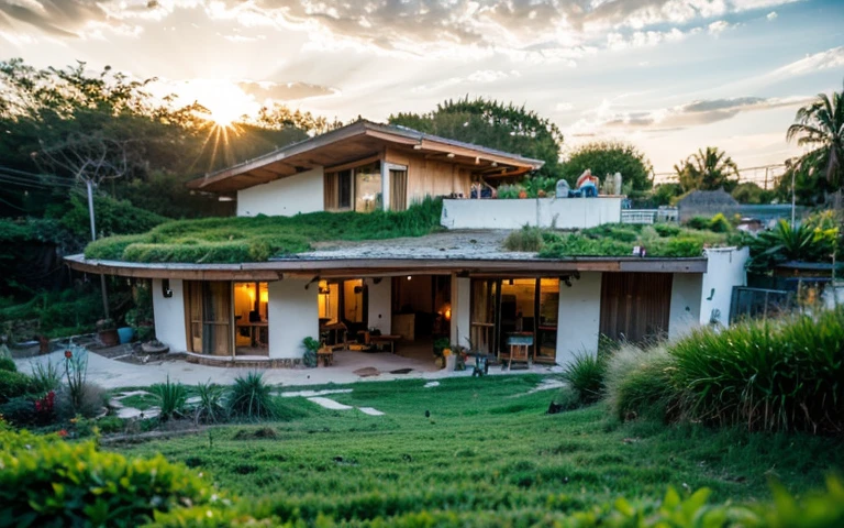 A photograph of a symmetrical contemporary house with (((green roof))) and (((biological pool))) in a tropical backyard, white plaster walls (((rustic clay stucco))), ((corner walls rounded)), ((rustic clay plaster)), (((white walls with rounded corners, organic curves))), (((rustic earth plaster, mud))), (((wave-shaped green roof with wooden edge))), (((wooden roof structure, wooden rake, wooden fascia board))), eaves, porch with wooden pillar, ((roof with wooden structure)), In Bali (((Tropical garden))) , ((natural houses, organic buildings, organic architecture)), Ecovillage, sustainable architecture, Bioconstruction, solarpunk architecture, (((grass roof, green roof, green wave roof, rounded roof, vegetated roofs))), ( (green architecture)), Passive house, (((Rock Foundation))), Clear sky in the background, painful beauty, modern, imposing, green house, ((Bali Hadid Style)), super resolution, cinematic, color grading, editorial photography, photography, photo shoot, (((dramatic front eye top angle view))), O 50mm, depth of field, intricate details, natural colors, sharp focus, warm light, shutter speed 1/1000 , F/22 , White Balance, Ray Trace Reflections, Lumen Reflections, Screen Space Reflections, Diffraction Rating, Chromatic Aberration, GB Shift, Partial Lighting, Backlighting, Daylighting, Scan Lines, ambient occlusion, antialiasing, shaders, OpenGL-Shaders, GLSL-Shaders, Post-processing, post-production, shading, tone mapping, incredibly detailed and complex, hypermaximalist, elegant, hyperrealistic, super detailed, dynamic pose, Fujifilm XT3