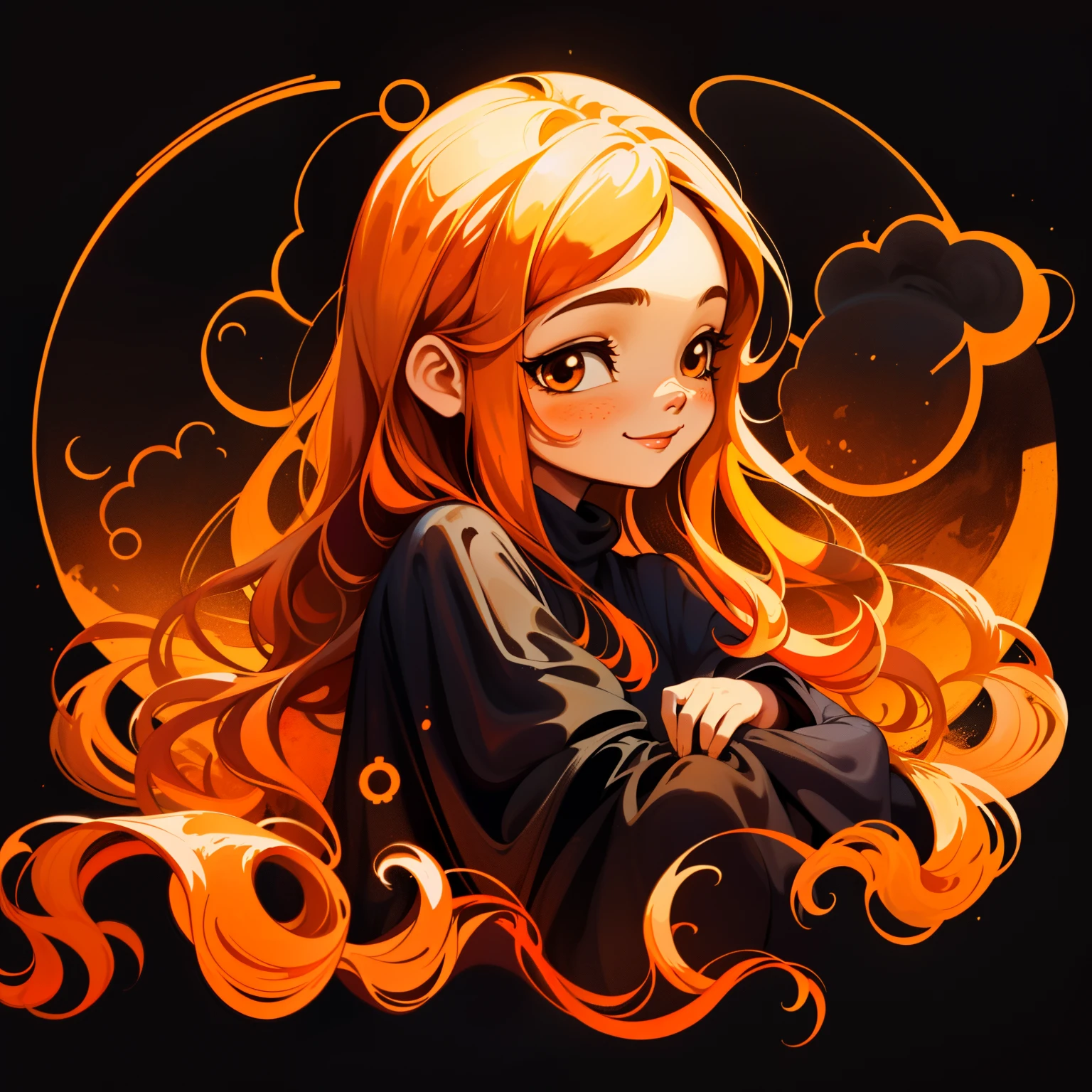 adesivo,1girl, fundo simples, retrato, girl with long hair, smilling girl, beautiful sun girl, sun aesthetic, beautiful girl, very beautiful fantasy art, beautiful and elegant female sun, beautiful detailed fantasy, black background, cinnamon color palate, cinnamon color-theme, (cinnamon theme color:1.2), (hex color #D2691E)