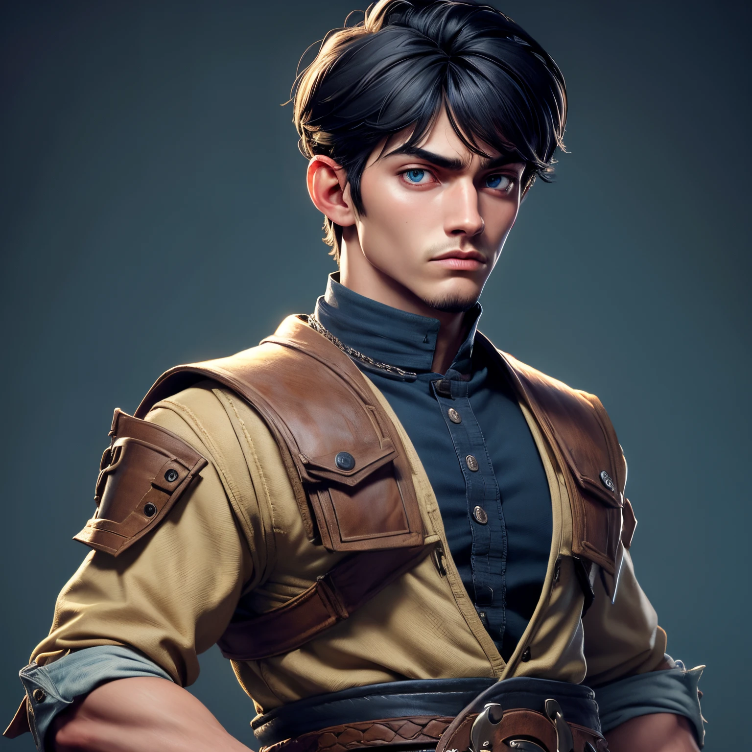 8k, masterpiece, best quality, realistic, higly detailed, cowboy shot, 1boy, solo, Fuutarou, young man, fair skin, black hair, bowl cut, two strands sticking up from the back of his head, bangs that cover his forehead, blue eyes, slim physique, tall build, tends to slouch, serious expression, scary and thuggish vibe, bad guy, Spring Clothes